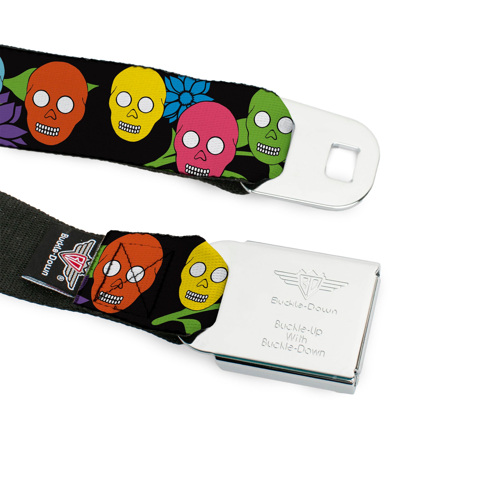 BD Wings Logo CLOSE-UP Black/Silver Seatbelt Belt - Skulls & Flowers Black/Multi Color Webbing Seatbelt Belts Buckle-Down