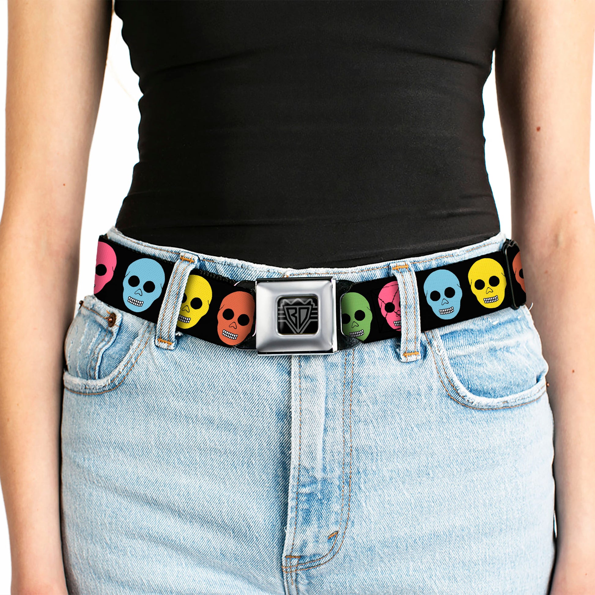 BD Wings Logo CLOSE-UP Full Color Black Silver Seatbelt Belt - Skulls Black/Multi Color Webbing Seatbelt Belts Buckle-Down