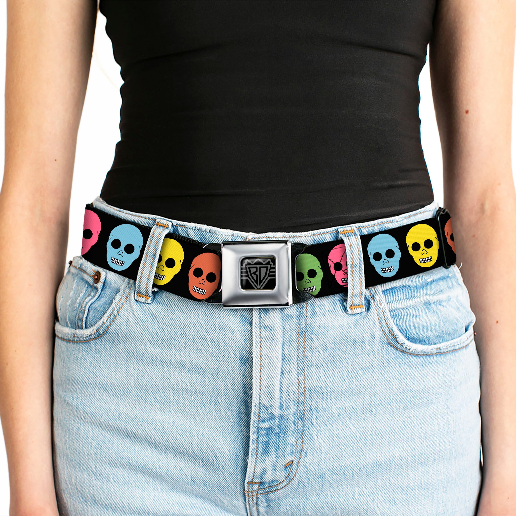 BD Wings Logo CLOSE-UP Full Color Black Silver Seatbelt Belt - Skulls Black/Multi Color Webbing Seatbelt Belts Buckle-Down