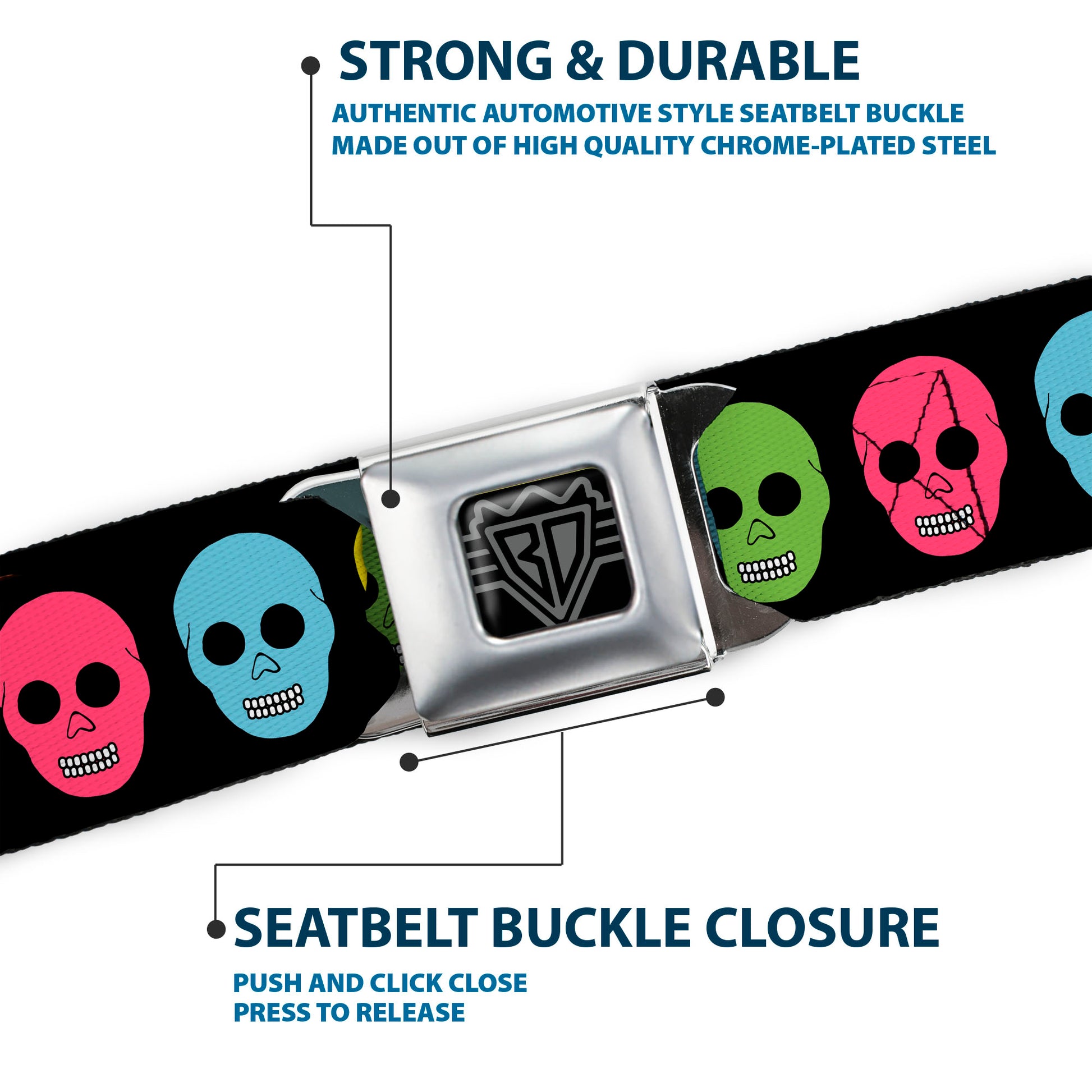 BD Wings Logo CLOSE-UP Full Color Black Silver Seatbelt Belt - Skulls Black/Multi Color Webbing Seatbelt Belts Buckle-Down