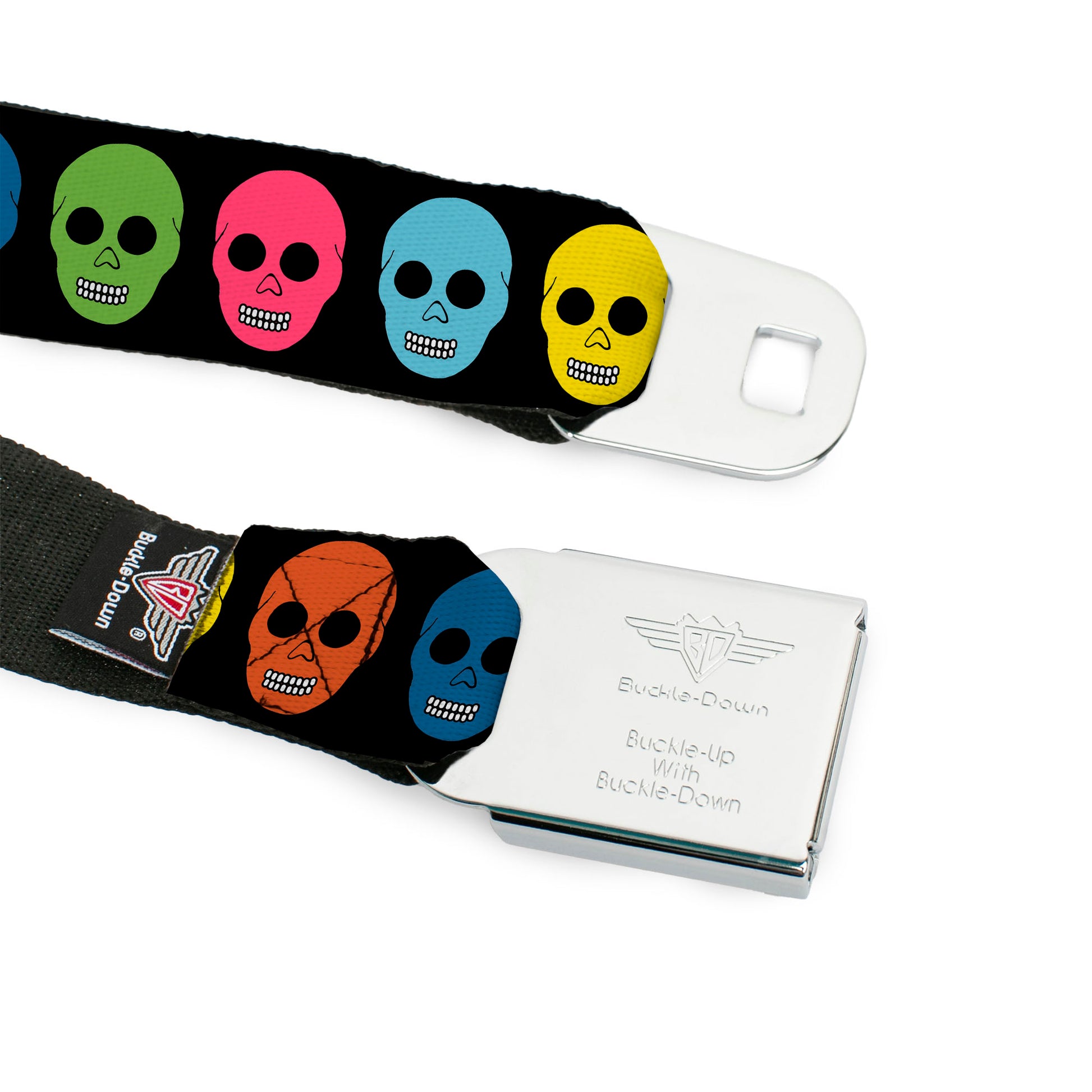 BD Wings Logo CLOSE-UP Full Color Black Silver Seatbelt Belt - Skulls Black/Multi Color Webbing Seatbelt Belts Buckle-Down