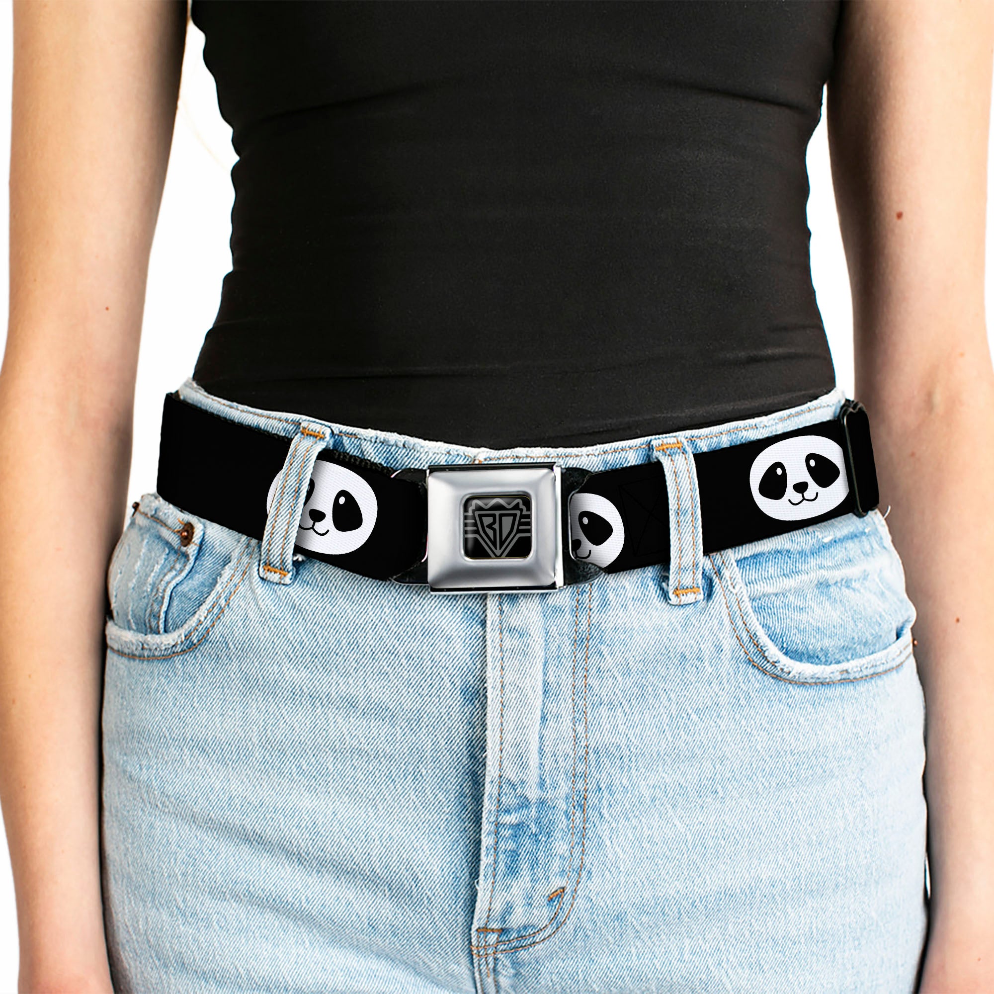 BD Wings Logo CLOSE-UP Full Color Black Silver Seatbelt Belt - Smiling Panda Face Black/White Webbing Seatbelt Belts Buckle-Down