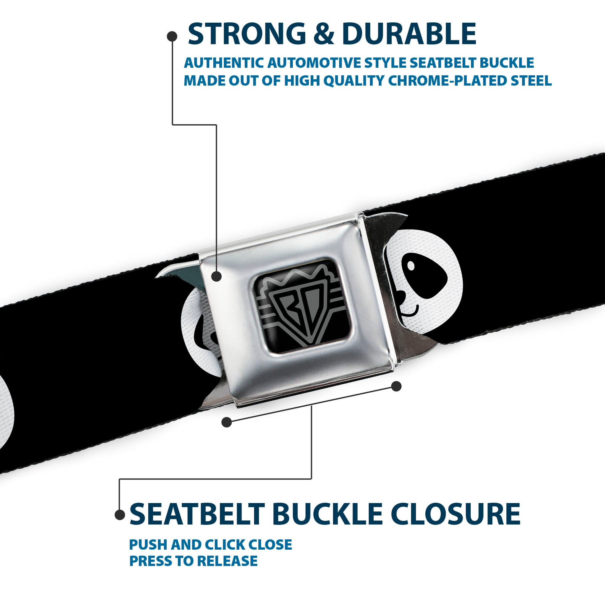 BD Wings Logo CLOSE-UP Full Color Black Silver Seatbelt Belt - Smiling Panda Face Black/White Webbing Seatbelt Belts Buckle-Down