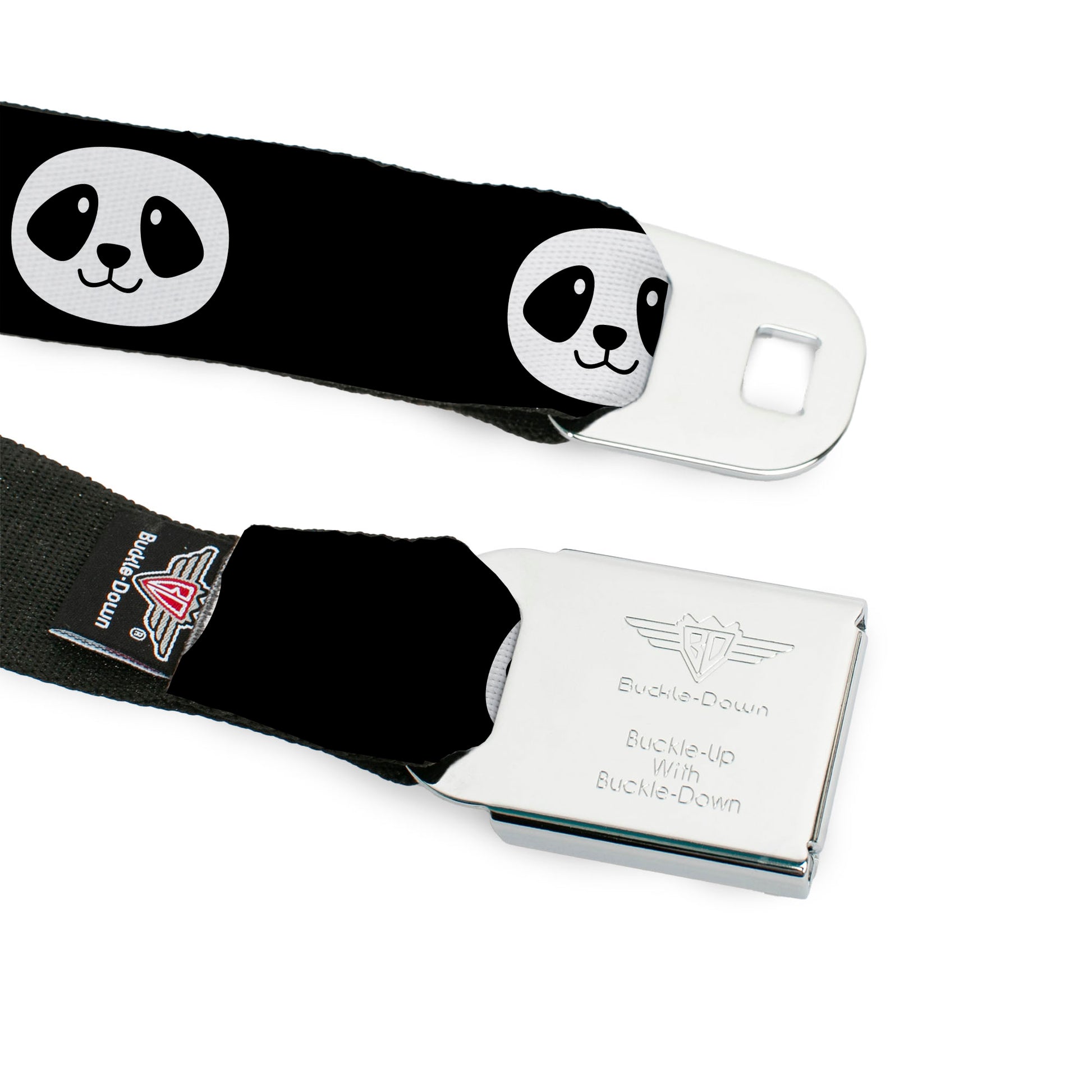 BD Wings Logo CLOSE-UP Full Color Black Silver Seatbelt Belt - Smiling Panda Face Black/White Webbing Seatbelt Belts Buckle-Down