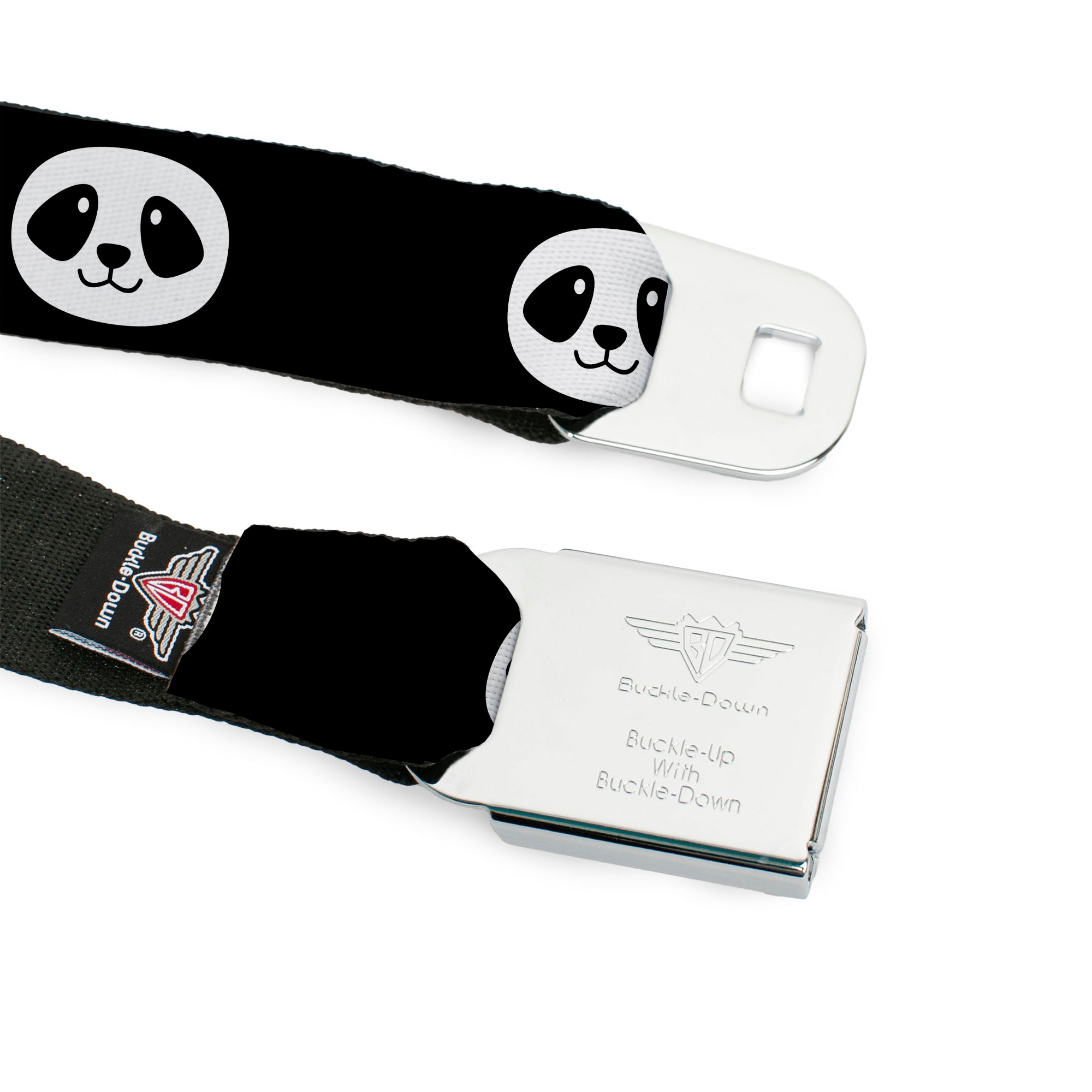 BD Wings Logo CLOSE-UP Full Color Black Silver Seatbelt Belt - Smiling Panda Face Black/White Webbing Seatbelt Belts Buckle-Down