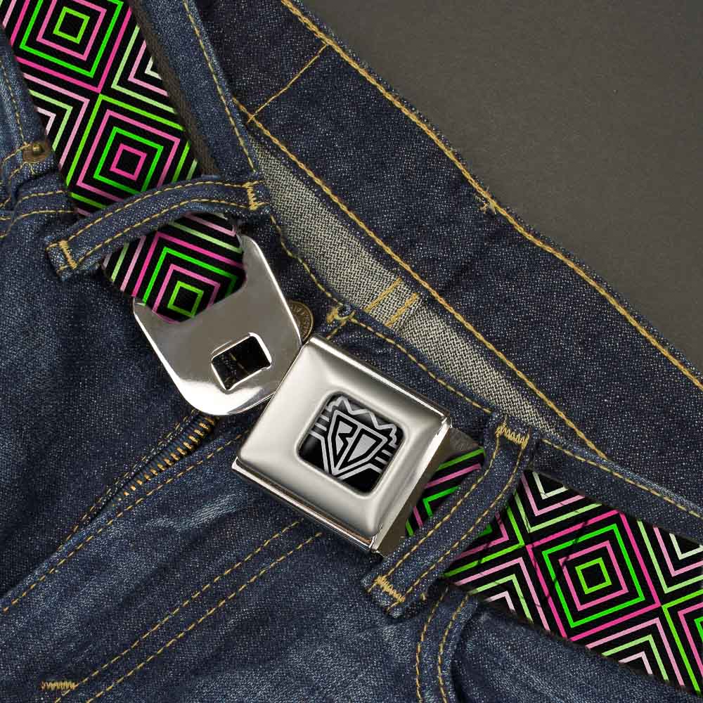 BD Wings Logo CLOSE-UP Full Color Black Silver Seatbelt Belt - Square Lines Black/Greens/Pinks Webbing Seatbelt Belts Buckle-Down