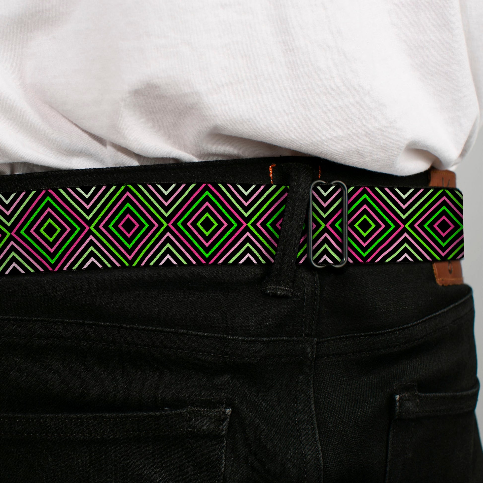 BD Wings Logo CLOSE-UP Full Color Black Silver Seatbelt Belt - Square Lines Black/Greens/Pinks Webbing Seatbelt Belts Buckle-Down