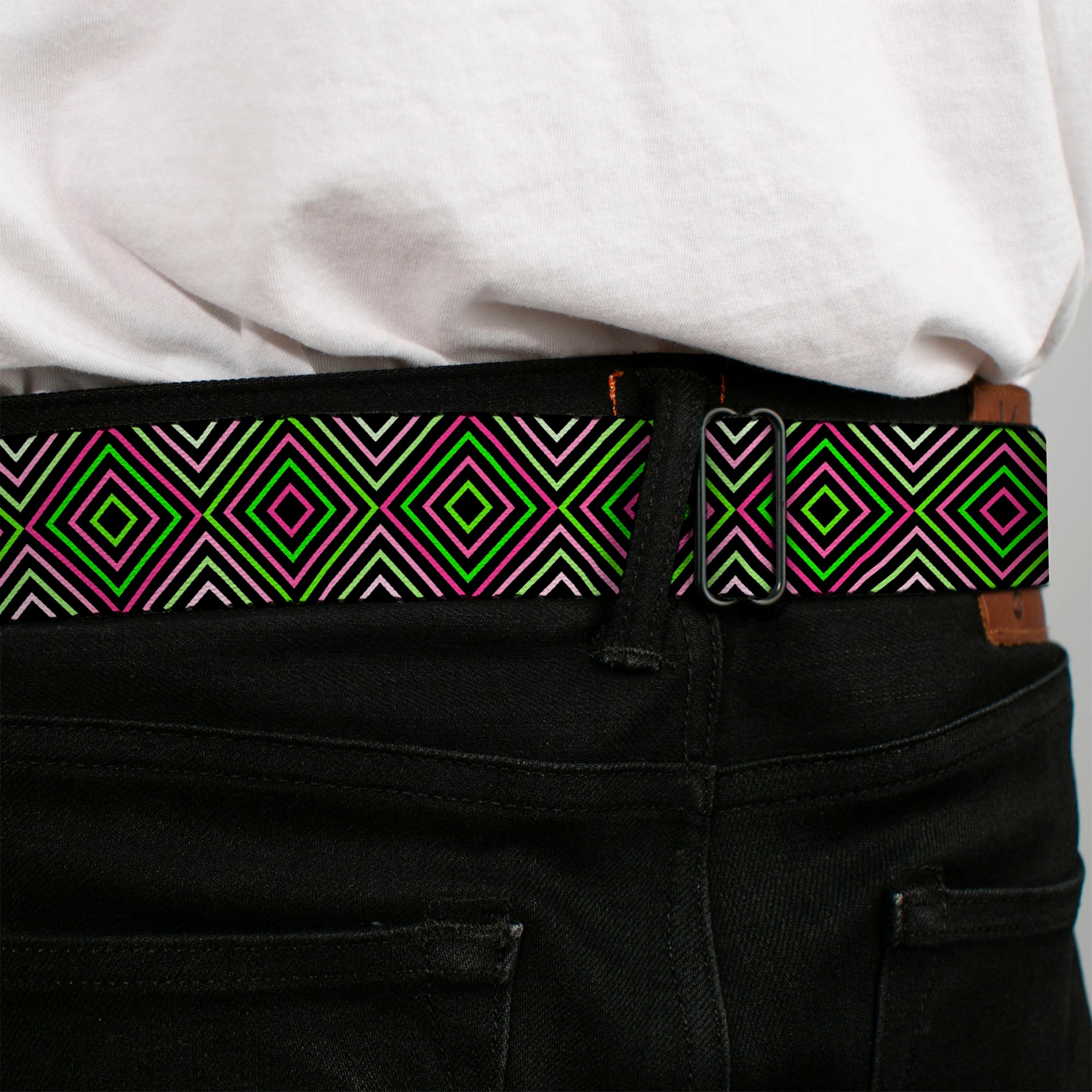 BD Wings Logo CLOSE-UP Full Color Black Silver Seatbelt Belt - Square Lines Black/Greens/Pinks Webbing Seatbelt Belts Buckle-Down