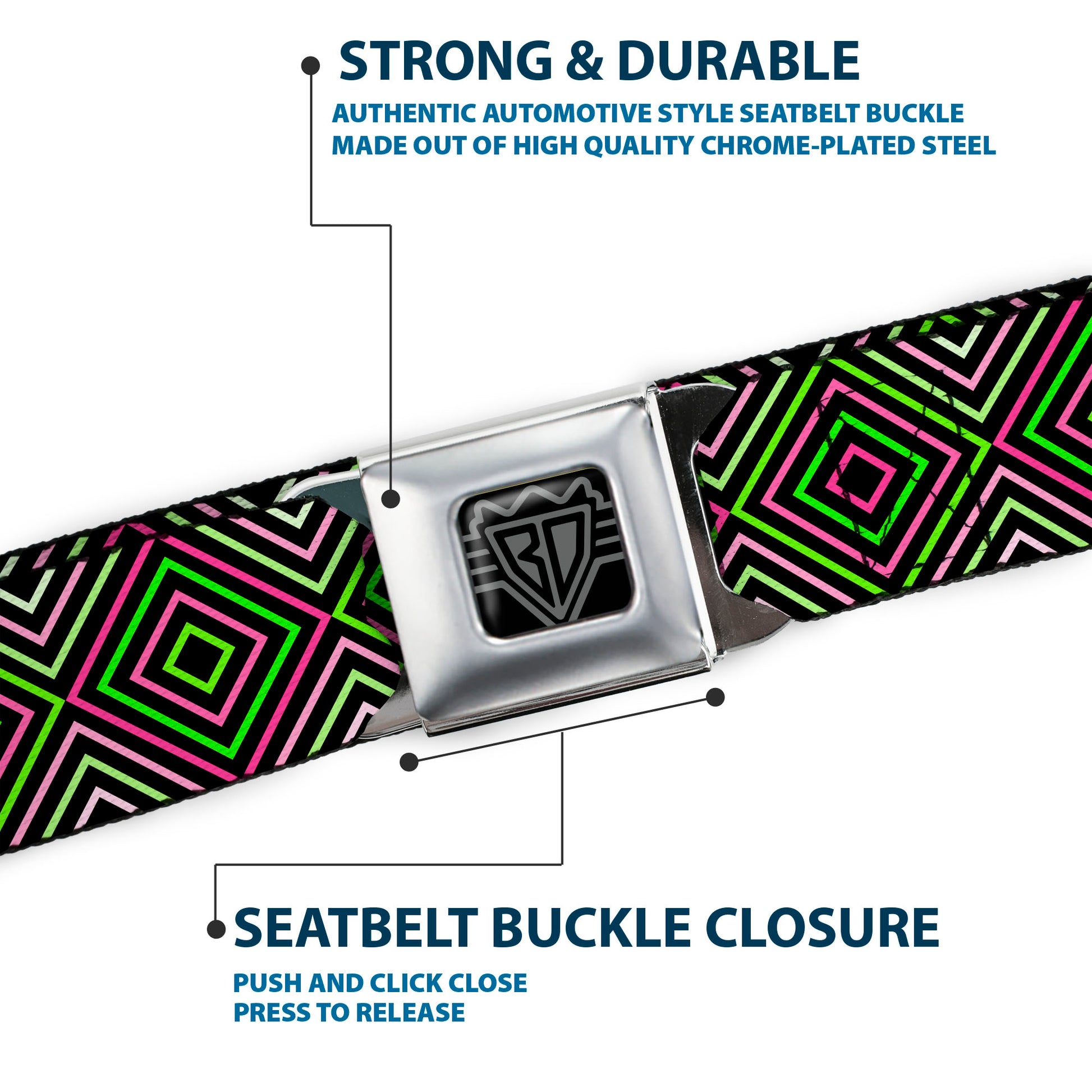 BD Wings Logo CLOSE-UP Full Color Black Silver Seatbelt Belt - Square Lines Black/Greens/Pinks Webbing Seatbelt Belts Buckle-Down