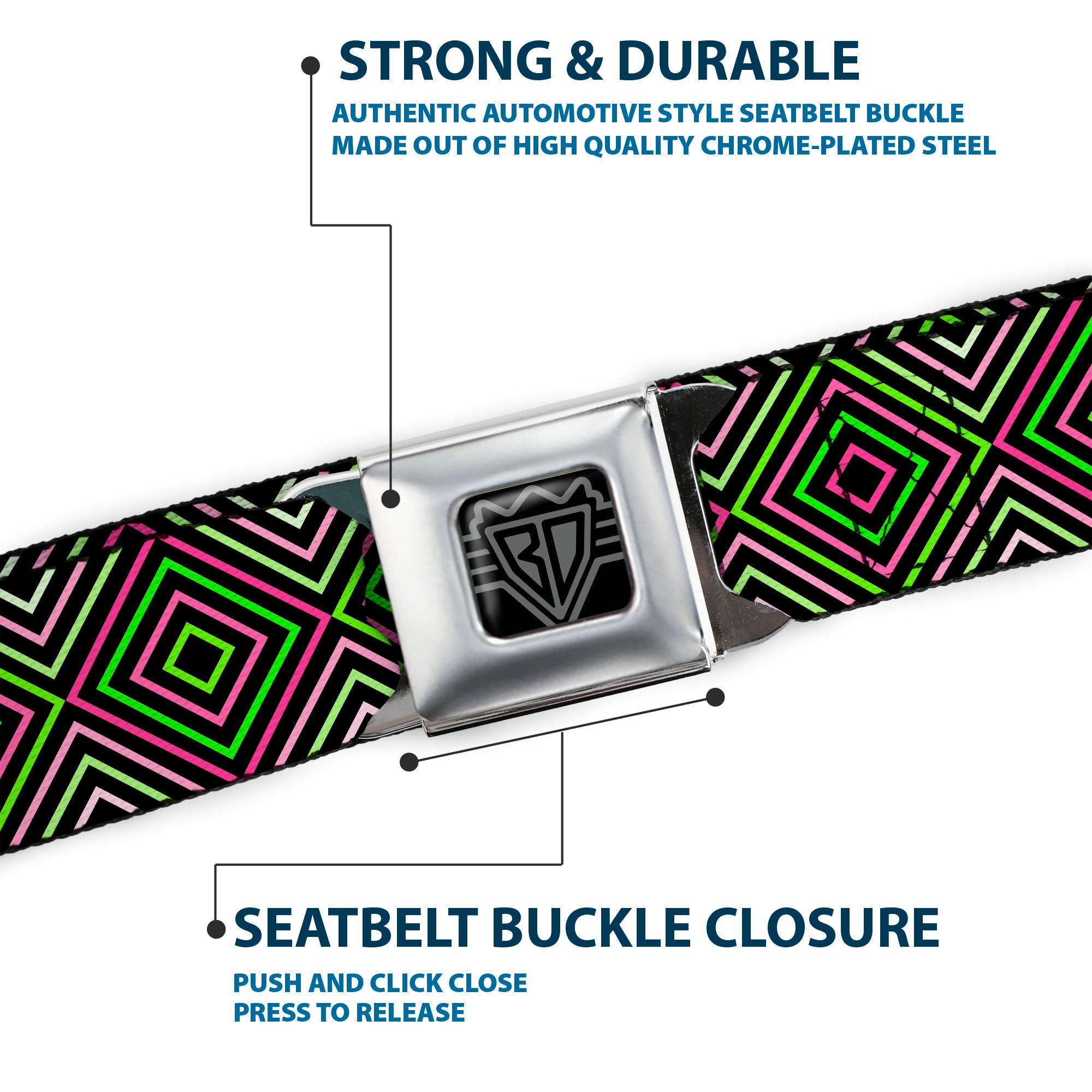 BD Wings Logo CLOSE-UP Full Color Black Silver Seatbelt Belt - Square Lines Black/Greens/Pinks Webbing Seatbelt Belts Buckle-Down