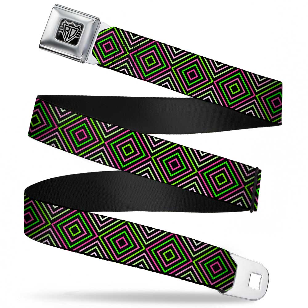 BD Wings Logo CLOSE-UP Full Color Black Silver Seatbelt Belt - Square Lines Black/Greens/Pinks Webbing Seatbelt Belts Buckle-Down