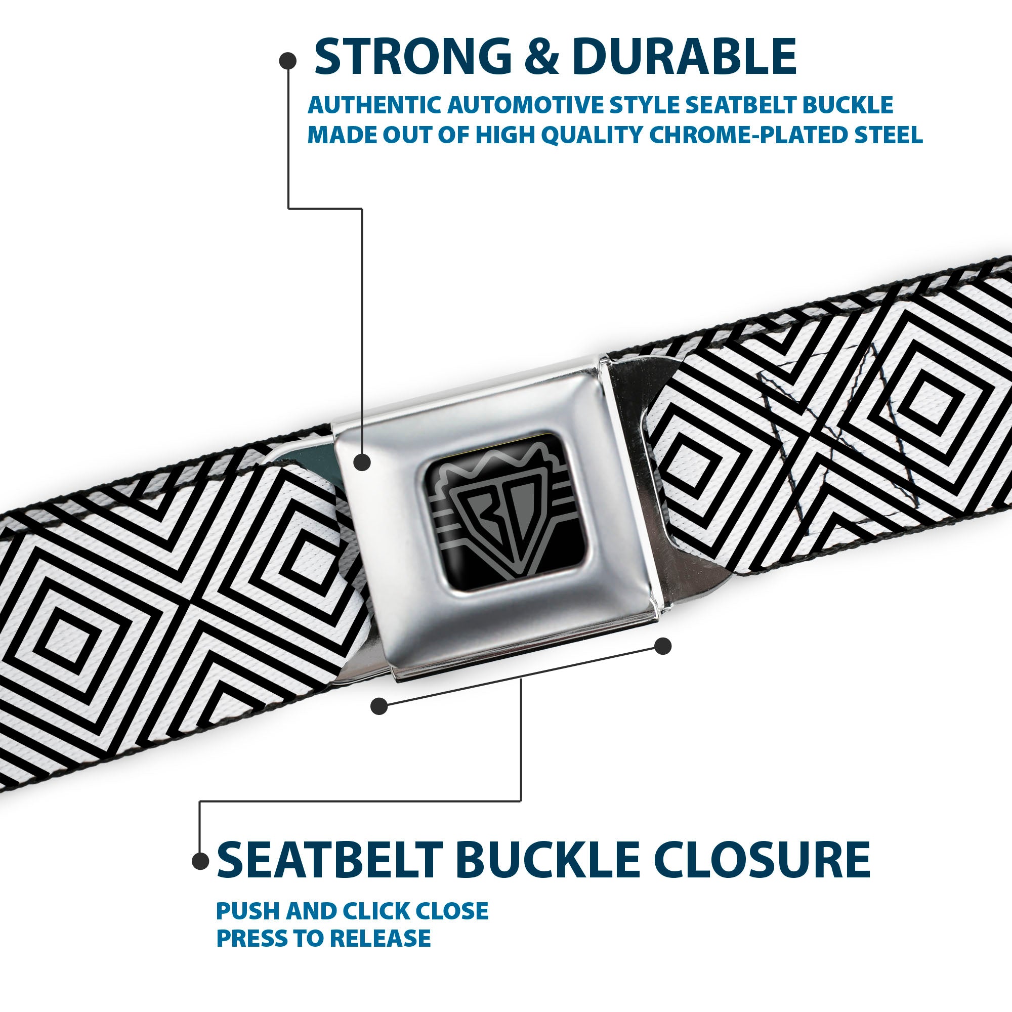 BD Wings Logo CLOSE-UP Full Color Black Silver Seatbelt Belt - Square Lines White/Black Webbing Seatbelt Belts Buckle-Down