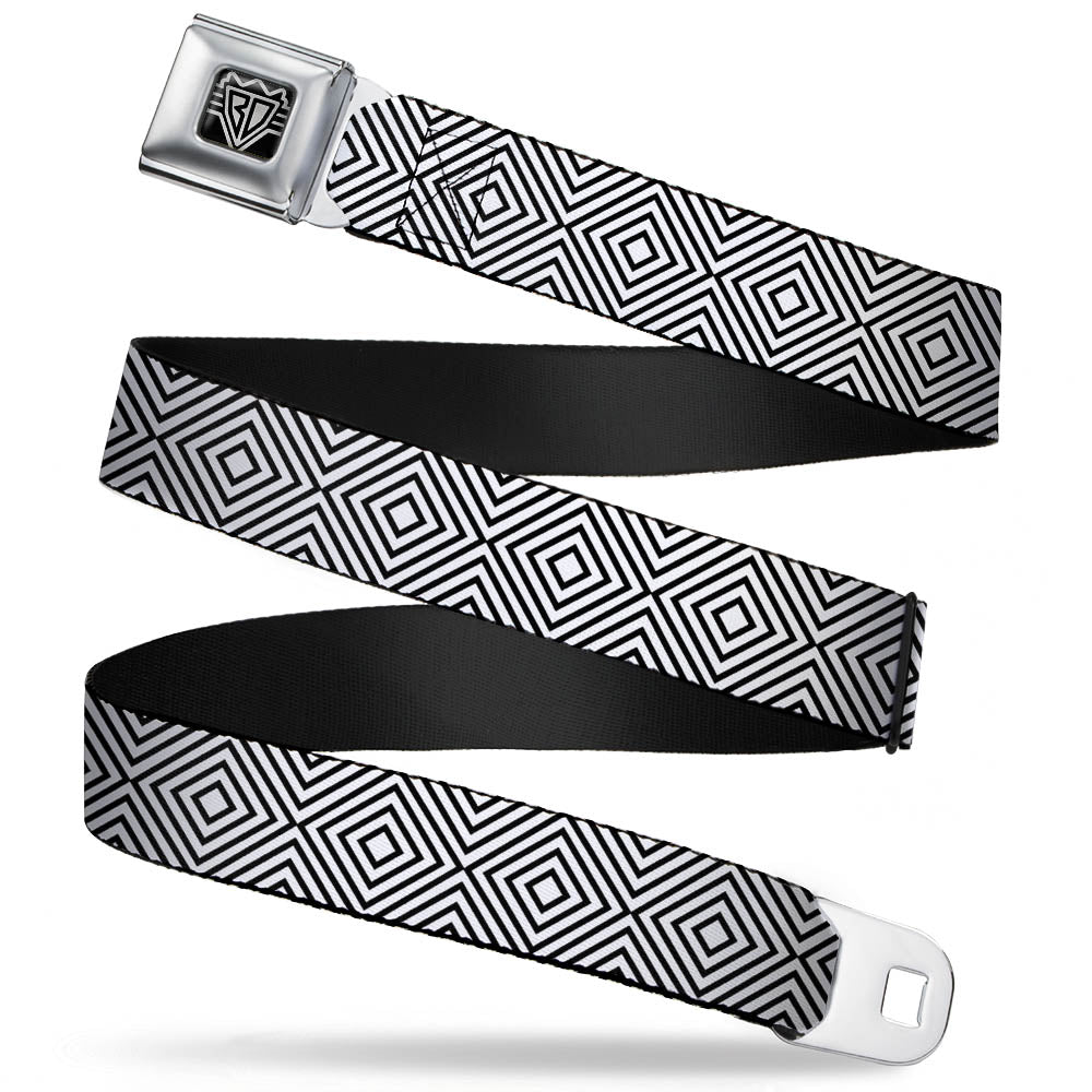 BD Wings Logo CLOSE-UP Full Color Black Silver Seatbelt Belt - Square Lines White/Black Webbing Seatbelt Belts Buckle-Down