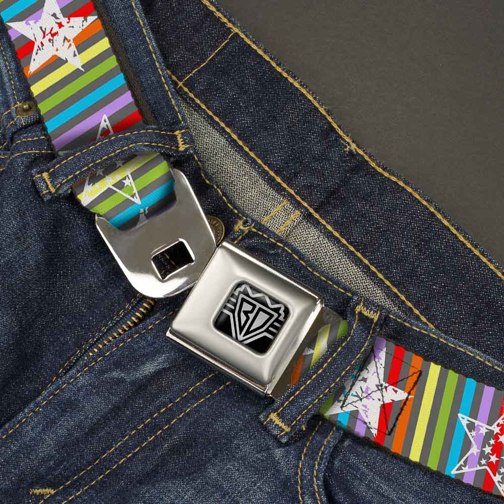BD Wings Logo CLOSE-UP Full Color Black Silver Seatbelt Belt - Stars w/Lines Gray/Multi Color/White Webbing Seatbelt Belts Buckle-Down