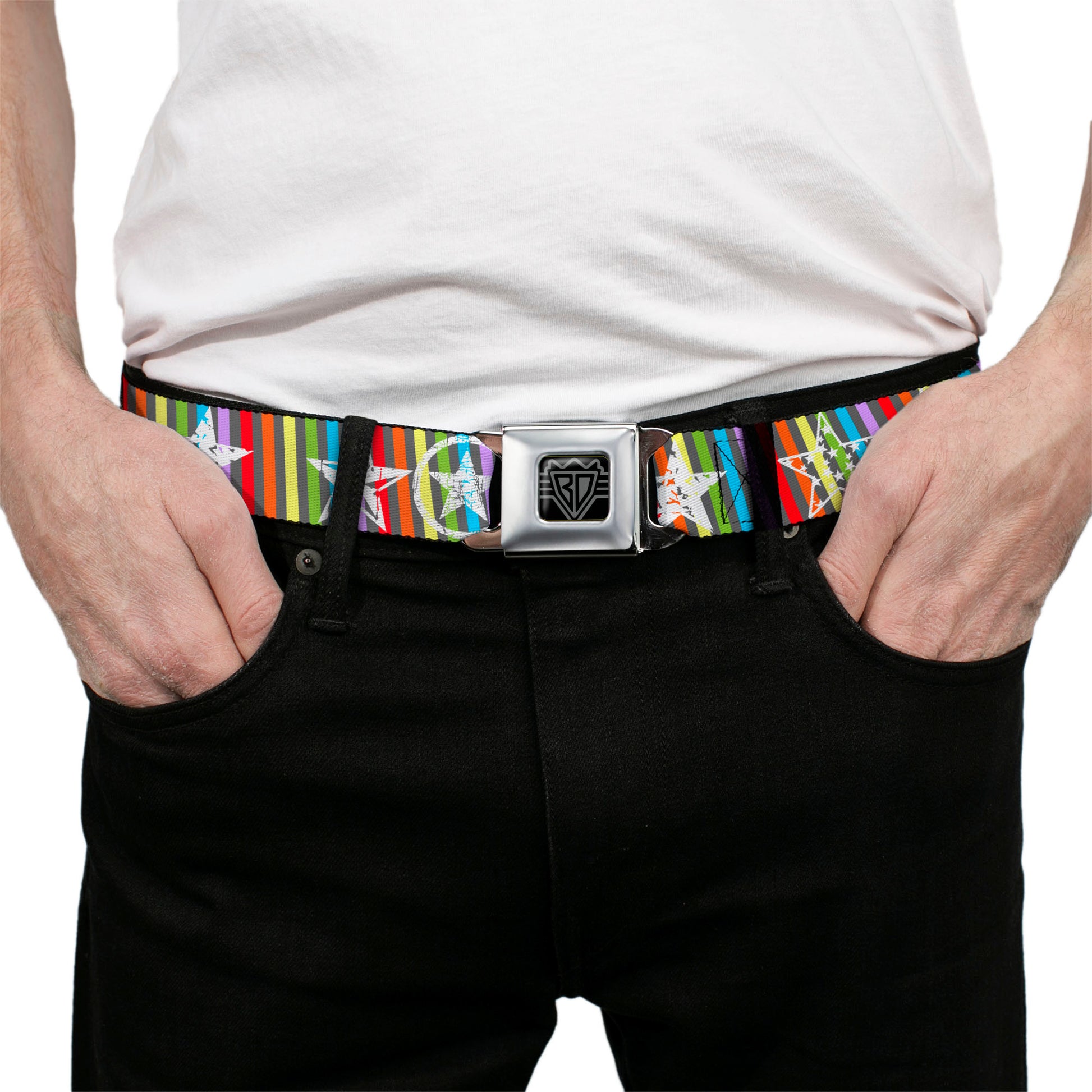 BD Wings Logo CLOSE-UP Full Color Black Silver Seatbelt Belt - Stars w/Lines Gray/Multi Color/White Webbing Seatbelt Belts Buckle-Down