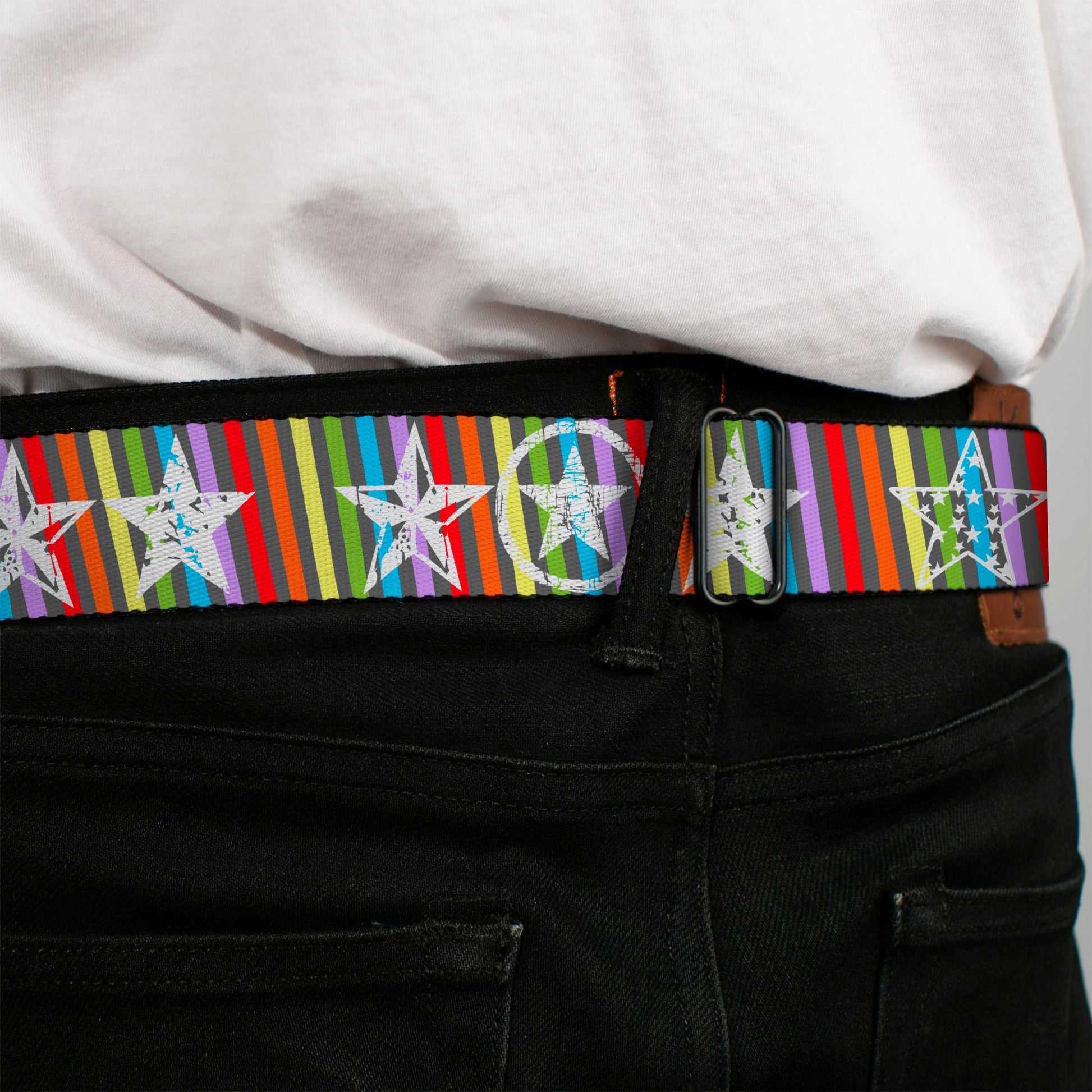 BD Wings Logo CLOSE-UP Full Color Black Silver Seatbelt Belt - Stars w/Lines Gray/Multi Color/White Webbing Seatbelt Belts Buckle-Down