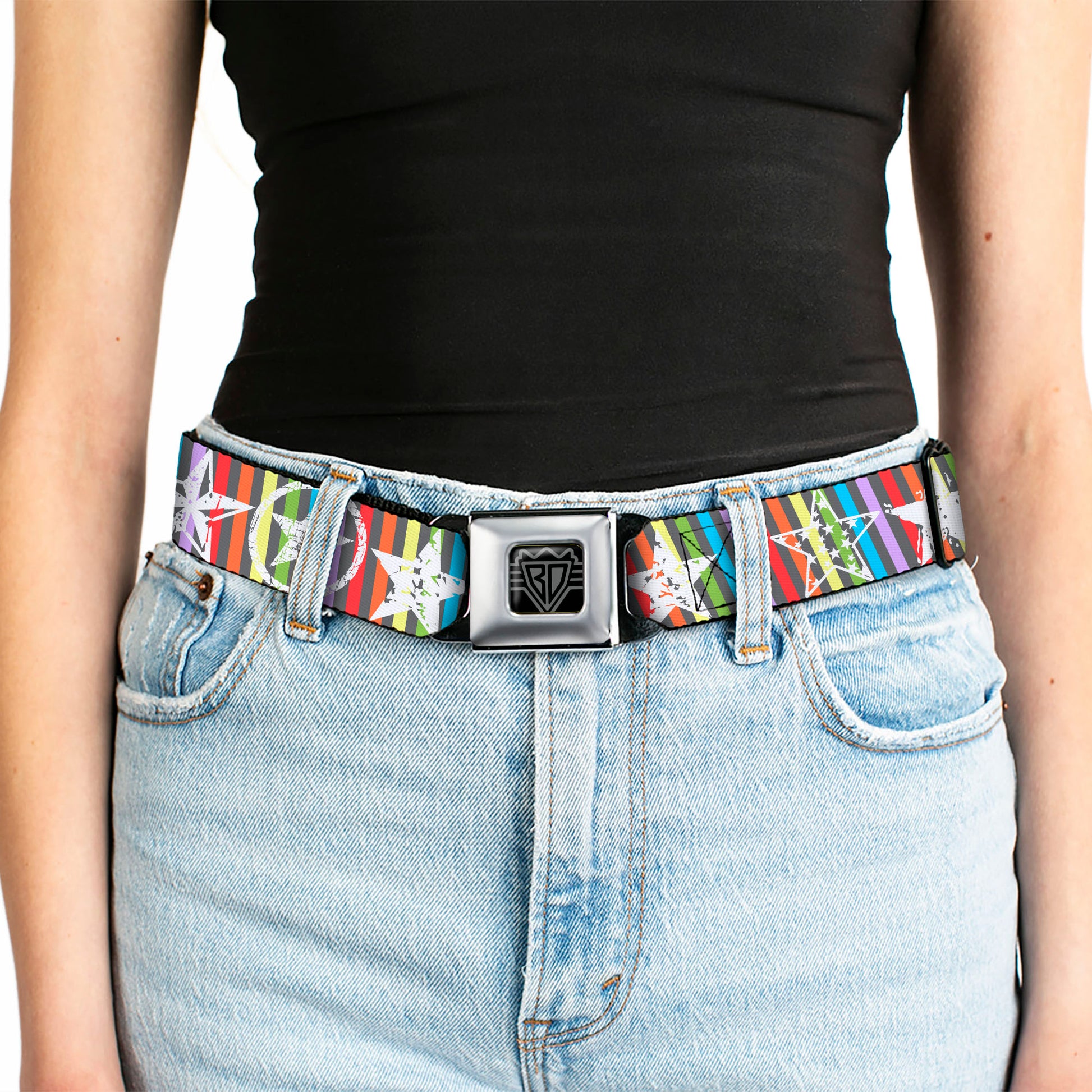 BD Wings Logo CLOSE-UP Full Color Black Silver Seatbelt Belt - Stars w/Lines Gray/Multi Color/White Webbing Seatbelt Belts Buckle-Down