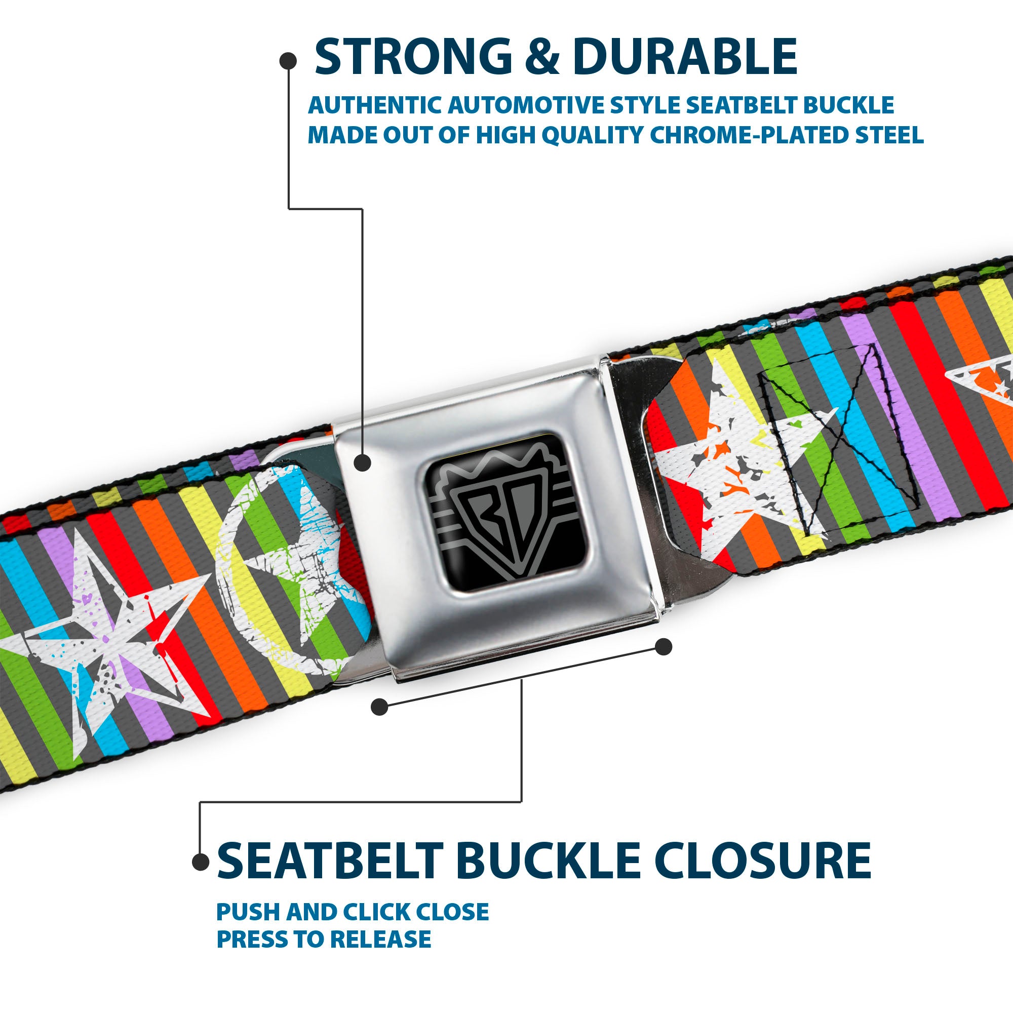 BD Wings Logo CLOSE-UP Full Color Black Silver Seatbelt Belt - Stars w/Lines Gray/Multi Color/White Webbing Seatbelt Belts Buckle-Down