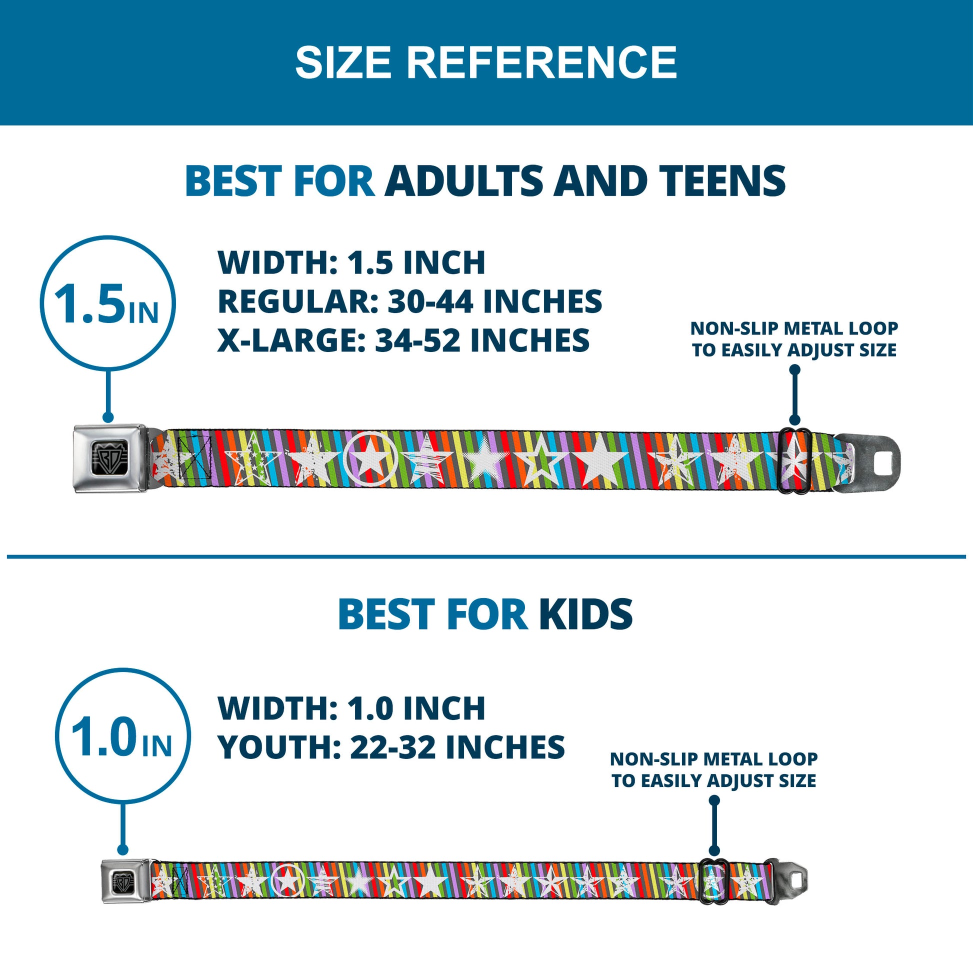 BD Wings Logo CLOSE-UP Full Color Black Silver Seatbelt Belt - Stars w/Lines Gray/Multi Color/White Webbing Seatbelt Belts Buckle-Down