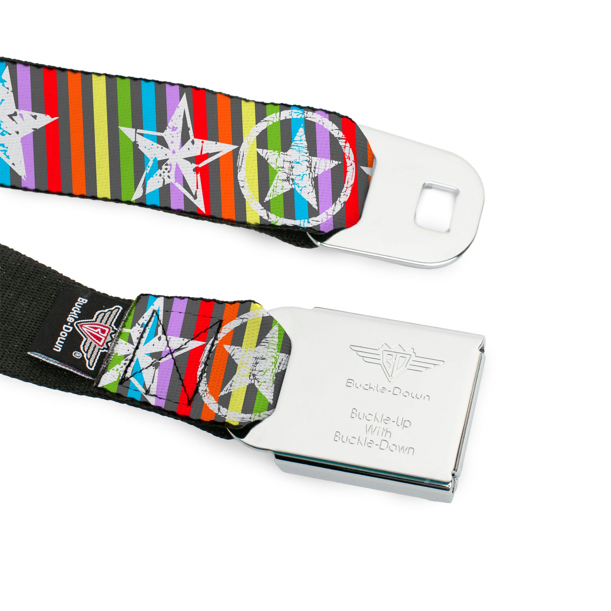 BD Wings Logo CLOSE-UP Full Color Black Silver Seatbelt Belt - Stars w/Lines Gray/Multi Color/White Webbing Seatbelt Belts Buckle-Down