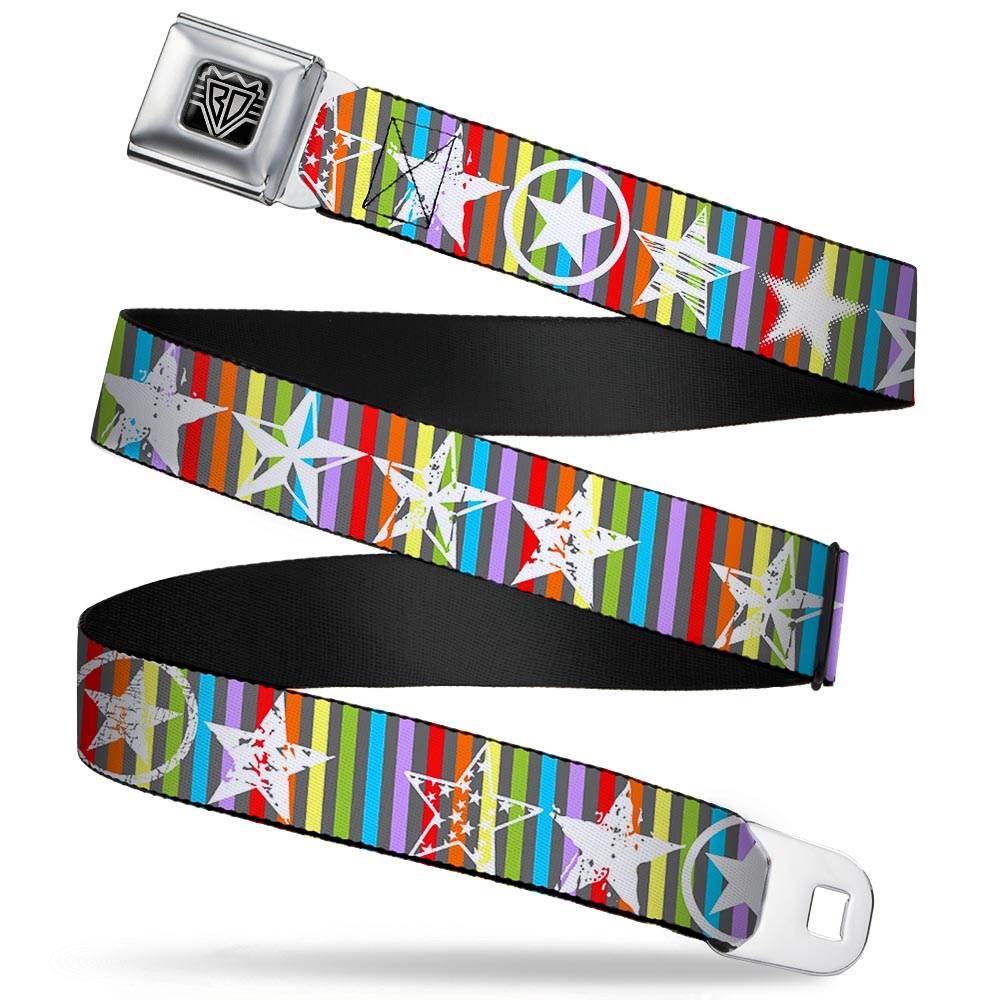 BD Wings Logo CLOSE-UP Full Color Black Silver Seatbelt Belt - Stars w/Lines Gray/Multi Color/White Webbing Seatbelt Belts Buckle-Down