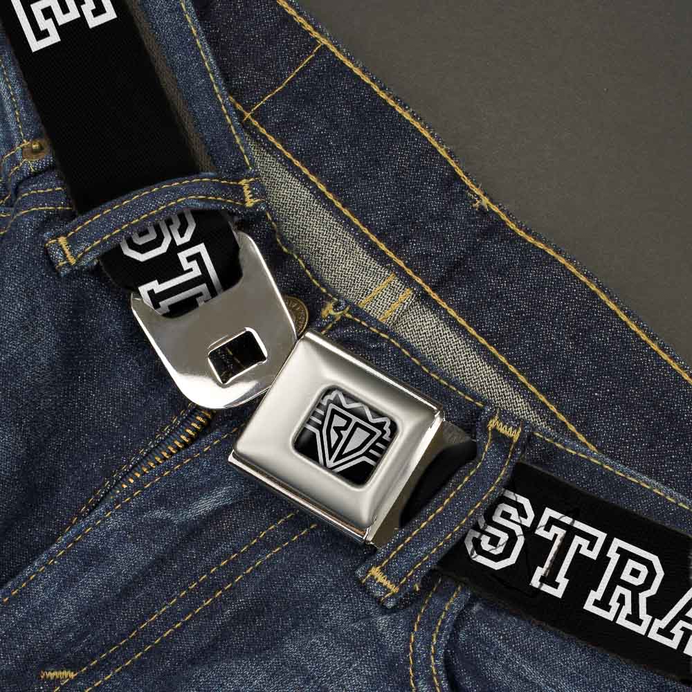 BD Wings Logo CLOSE-UP Full Color Black Silver Seatbelt Belt - STRAIGHT EDGE Black/White Webbing Seatbelt Belts Buckle-Down