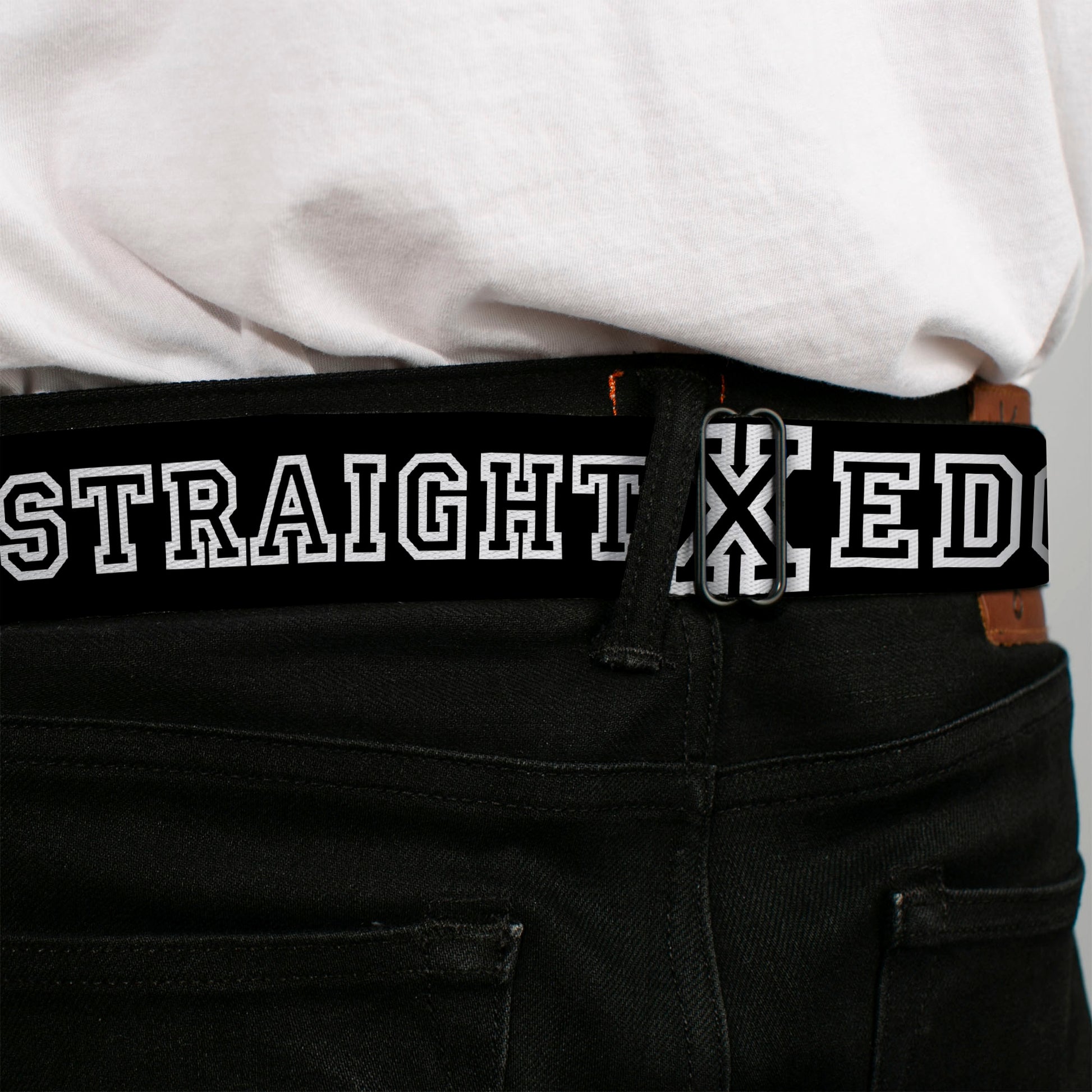 BD Wings Logo CLOSE-UP Full Color Black Silver Seatbelt Belt - STRAIGHT EDGE Black/White Webbing Seatbelt Belts Buckle-Down