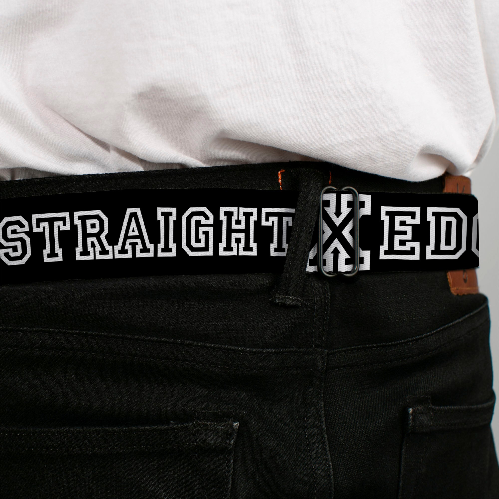 BD Wings Logo CLOSE-UP Full Color Black Silver Seatbelt Belt - STRAIGHT EDGE Black/White Webbing Seatbelt Belts Buckle-Down