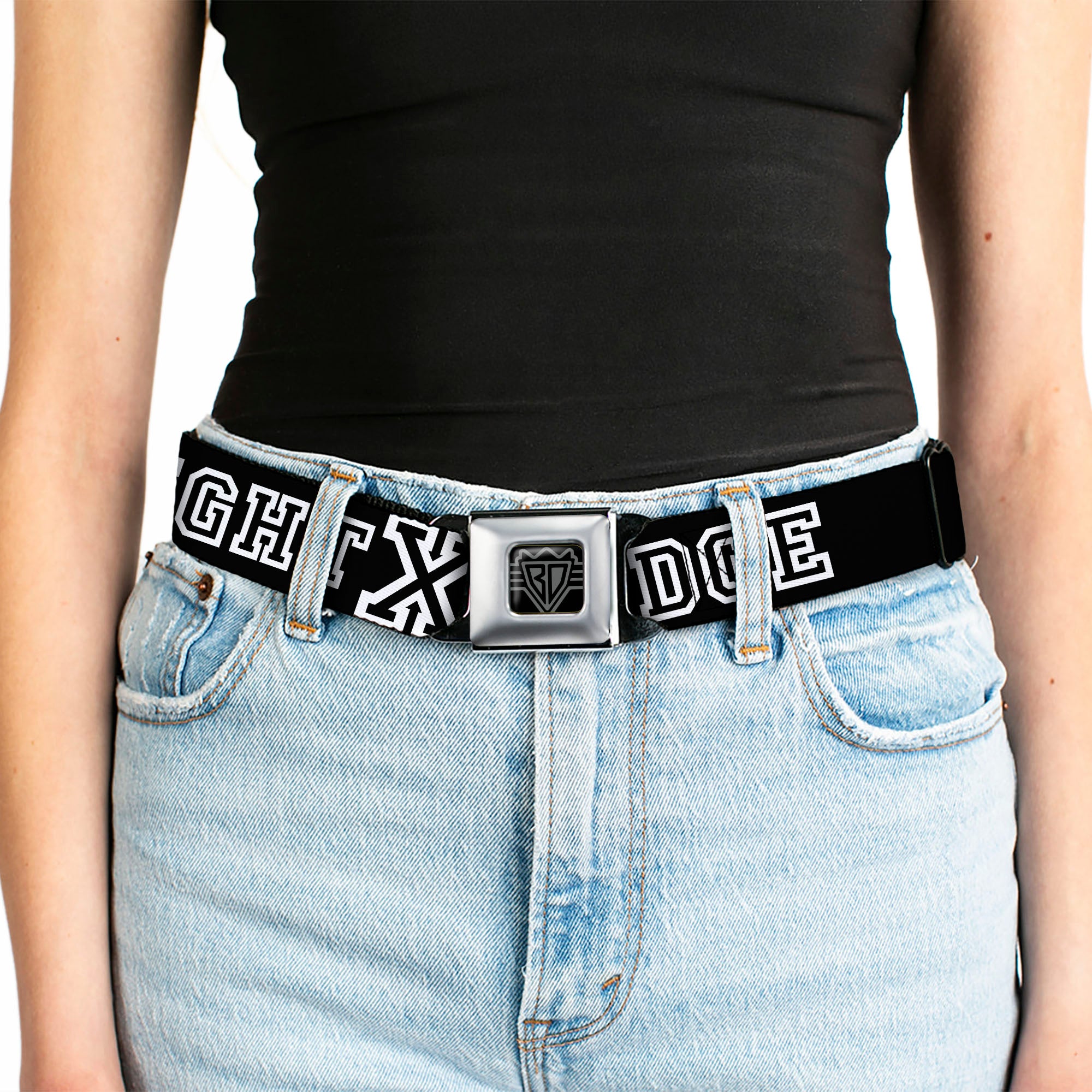 BD Wings Logo CLOSE-UP Full Color Black Silver Seatbelt Belt - STRAIGHT EDGE Black/White Webbing Seatbelt Belts Buckle-Down
