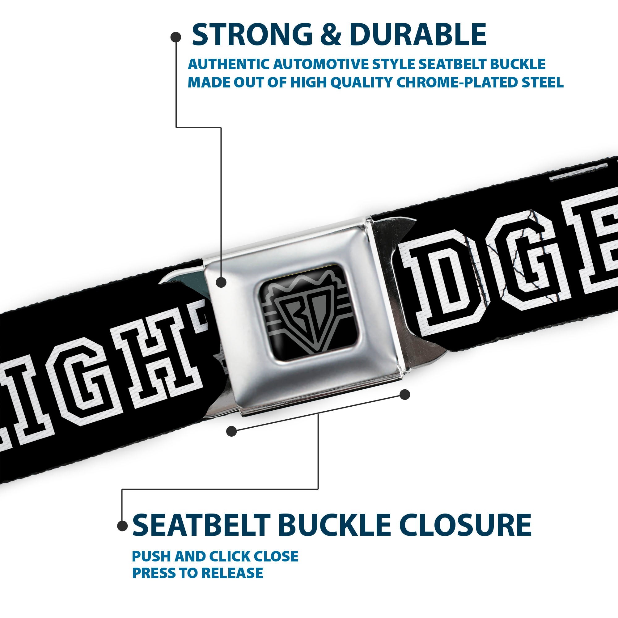 BD Wings Logo CLOSE-UP Full Color Black Silver Seatbelt Belt - STRAIGHT EDGE Black/White Webbing Seatbelt Belts Buckle-Down
