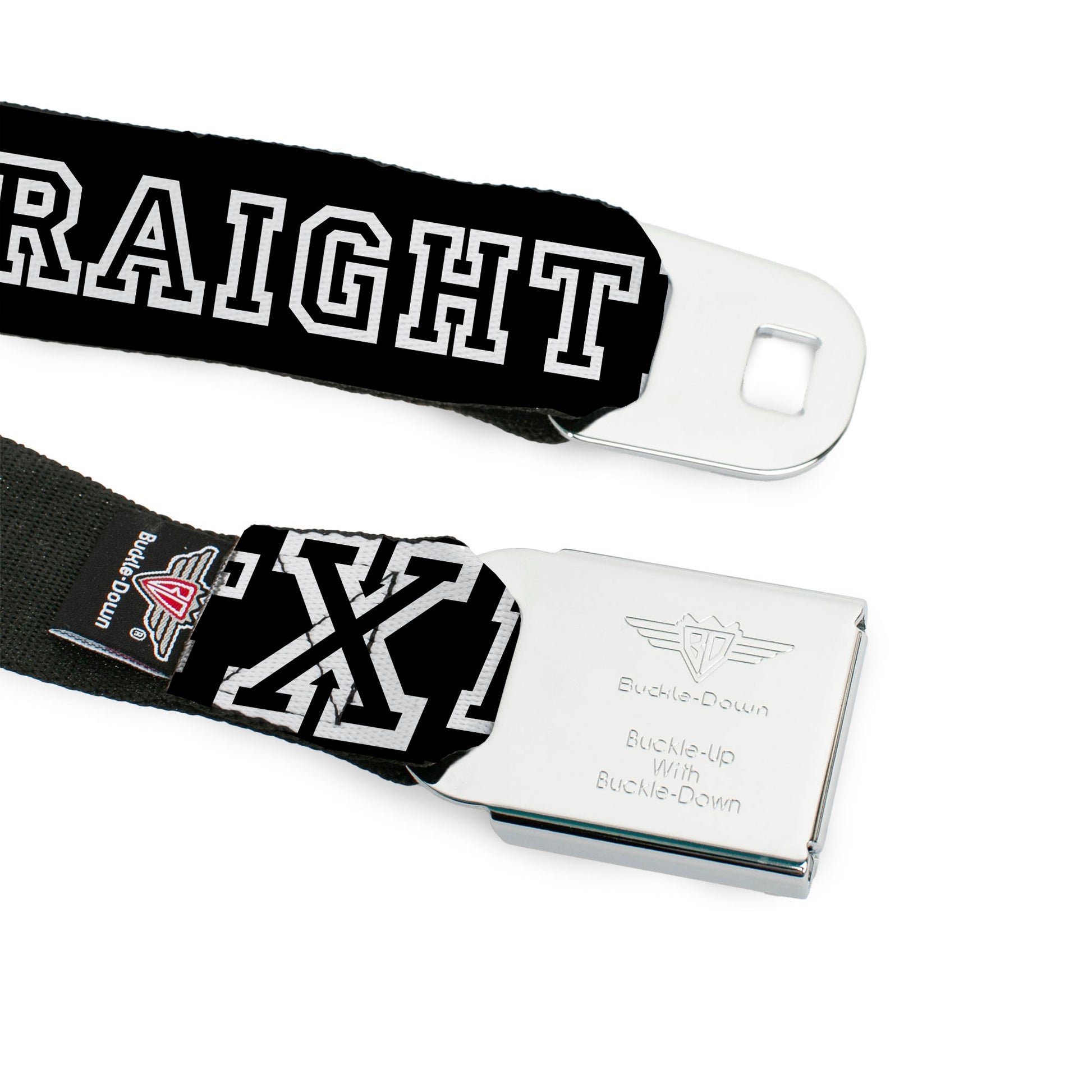 BD Wings Logo CLOSE-UP Full Color Black Silver Seatbelt Belt - STRAIGHT EDGE Black/White Webbing Seatbelt Belts Buckle-Down