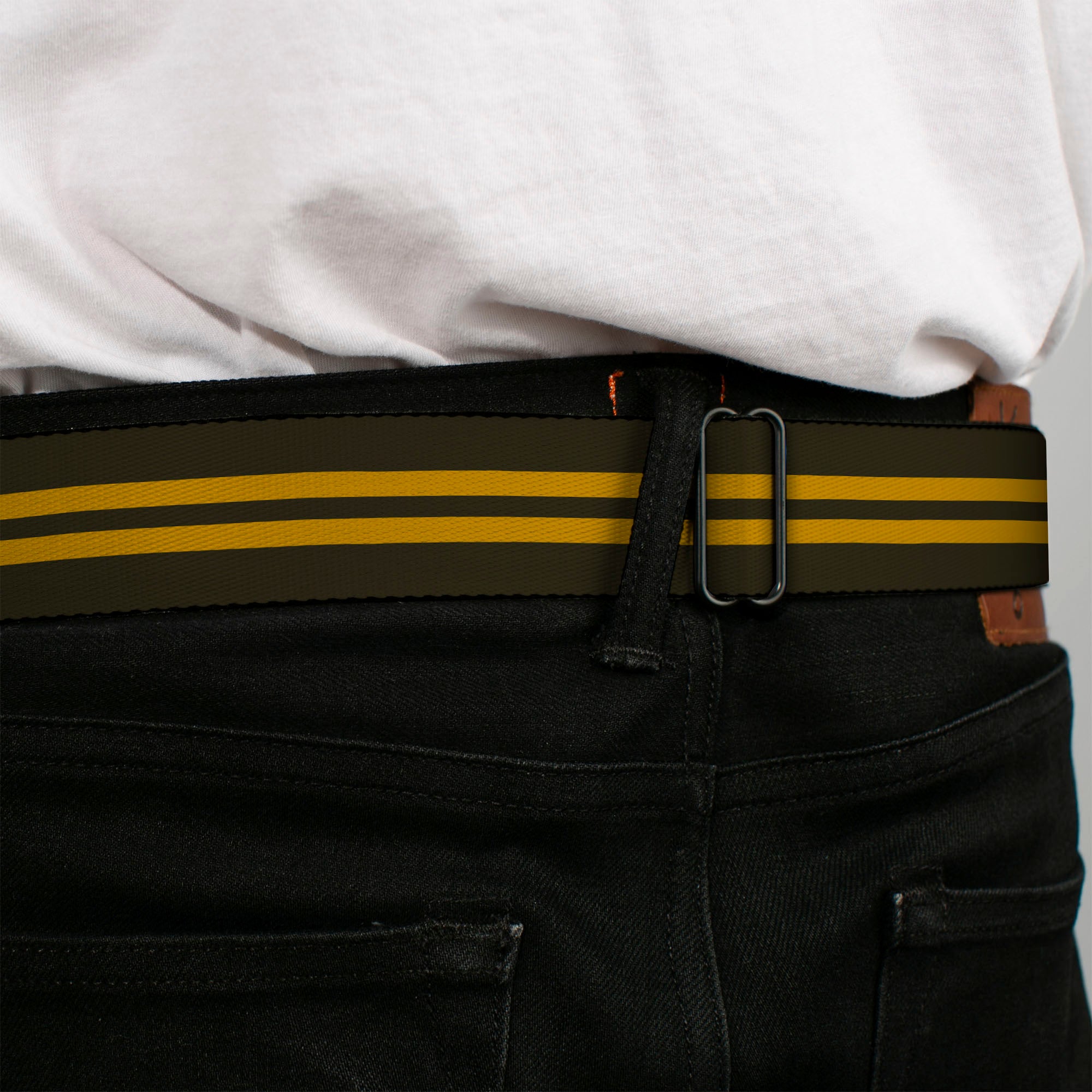 BD Wings Logo CLOSE-UP Full Color Black Silver Seatbelt Belt - Stripe Black/Gold Webbing Seatbelt Belts Buckle-Down