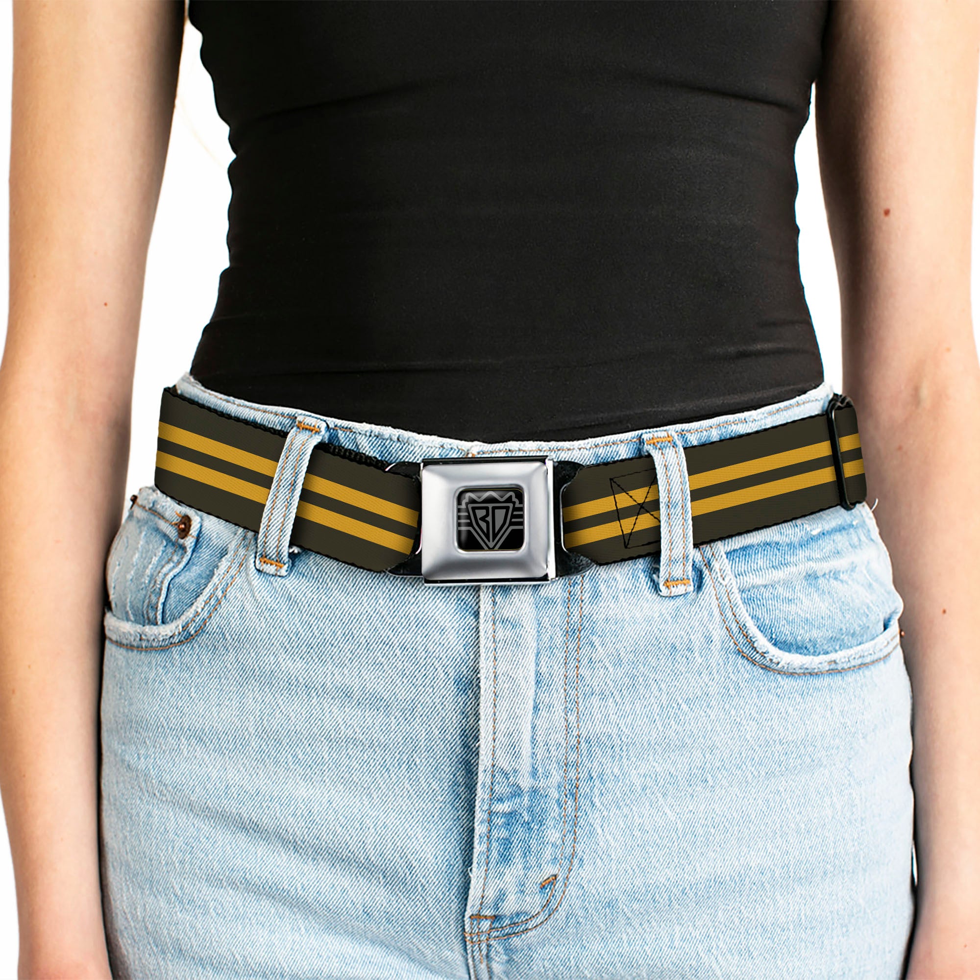 BD Wings Logo CLOSE-UP Full Color Black Silver Seatbelt Belt - Stripe Black/Gold Webbing Seatbelt Belts Buckle-Down