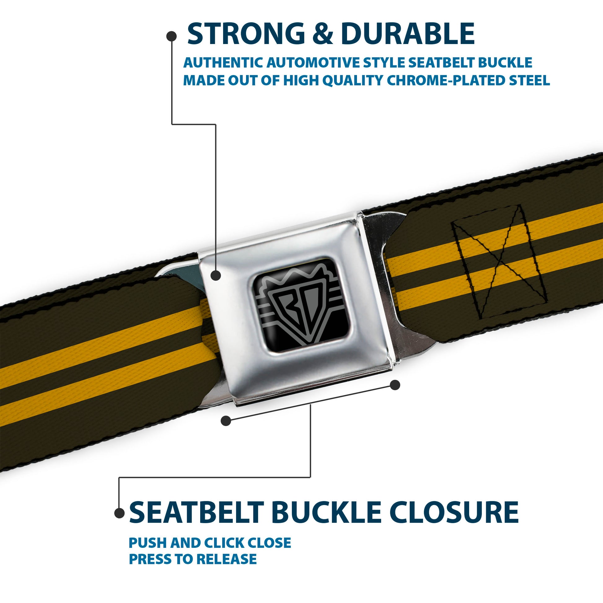 BD Wings Logo CLOSE-UP Full Color Black Silver Seatbelt Belt - Stripe Black/Gold Webbing Seatbelt Belts Buckle-Down