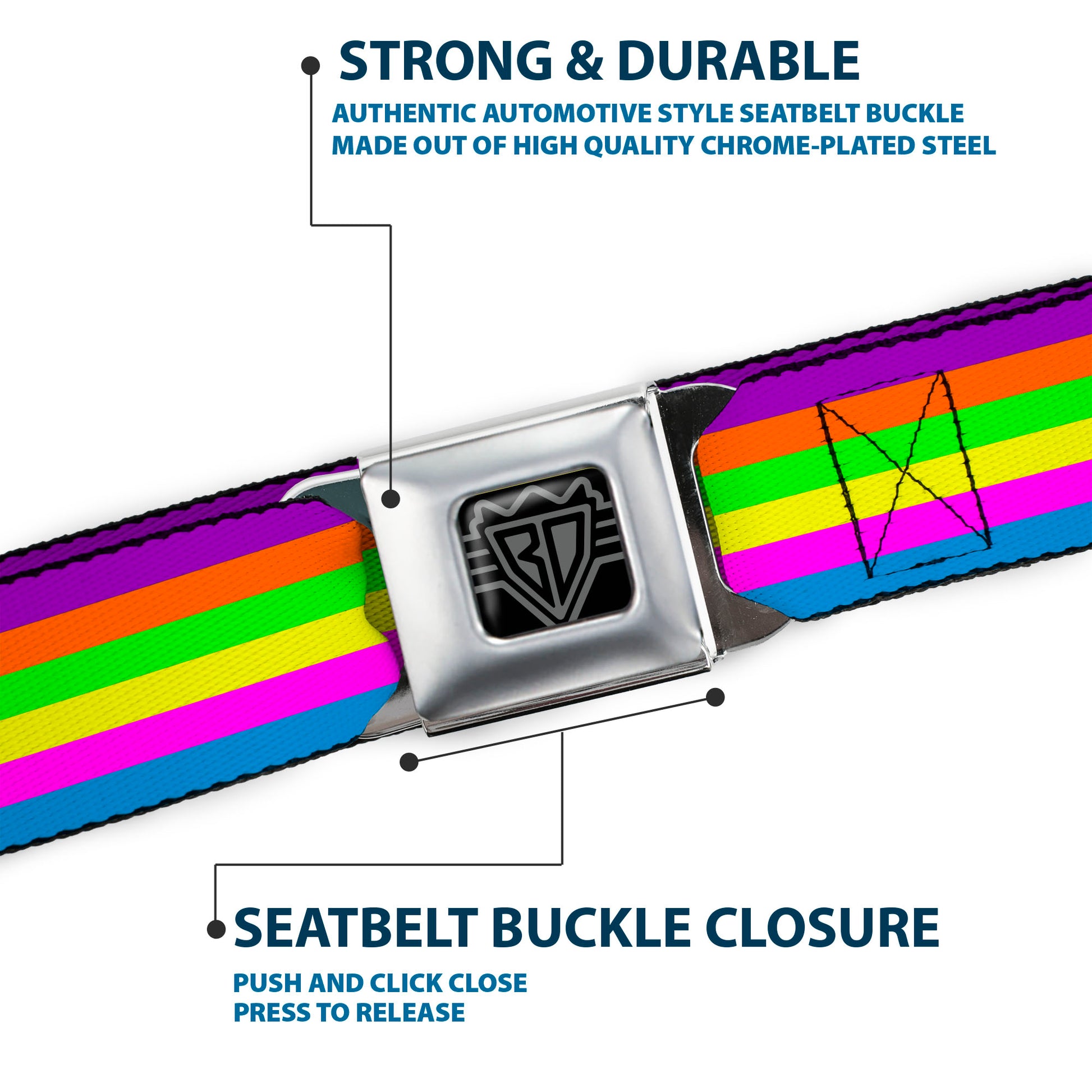BD Wings Logo CLOSE-UP Full Color Black Silver Seatbelt Belt - Stripes Purple/Orange/Green/Yellow/Pink/Blue Webbing Seatbelt Belts Buckle-Down