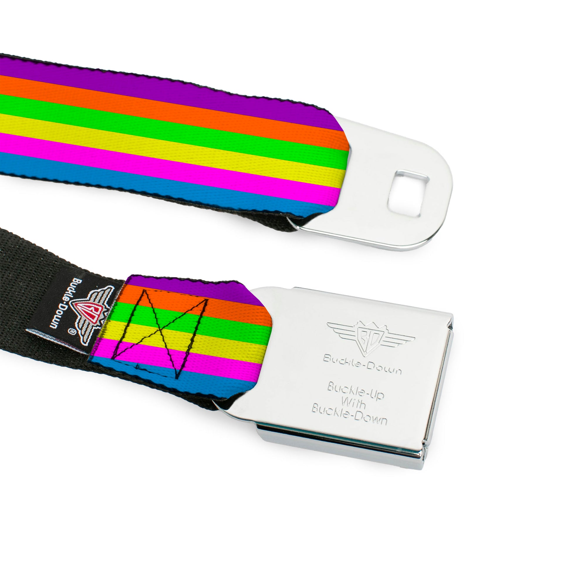 BD Wings Logo CLOSE-UP Full Color Black Silver Seatbelt Belt - Stripes Purple/Orange/Green/Yellow/Pink/Blue Webbing Seatbelt Belts Buckle-Down