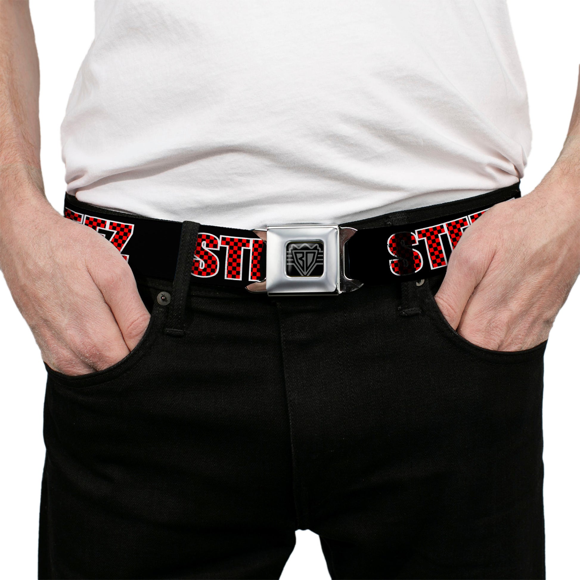 BD Wings Logo CLOSE-UP Full Color Black Silver Seatbelt Belt - STEEZ Black/Checker Black/Red Webbing Seatbelt Belts Buckle-Down
