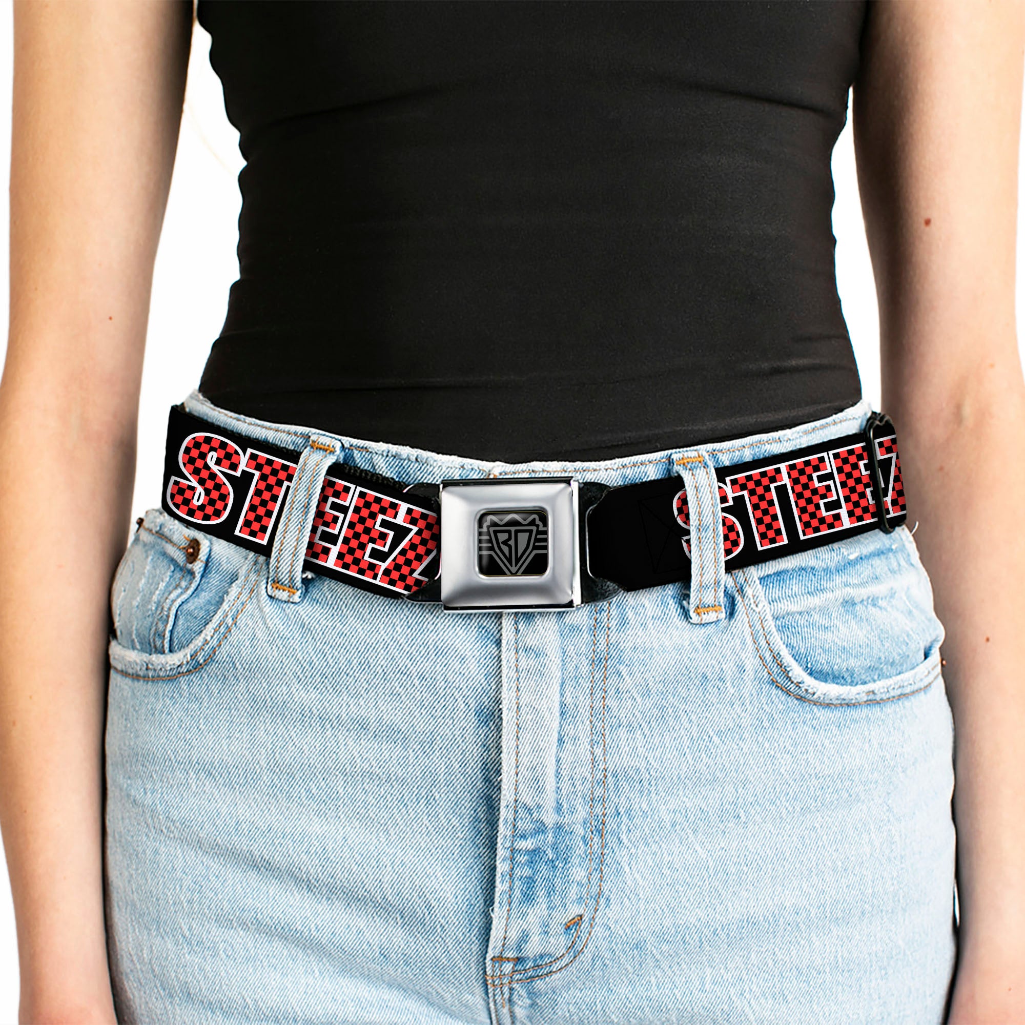 BD Wings Logo CLOSE-UP Full Color Black Silver Seatbelt Belt - STEEZ Black/Checker Black/Red Webbing Seatbelt Belts Buckle-Down