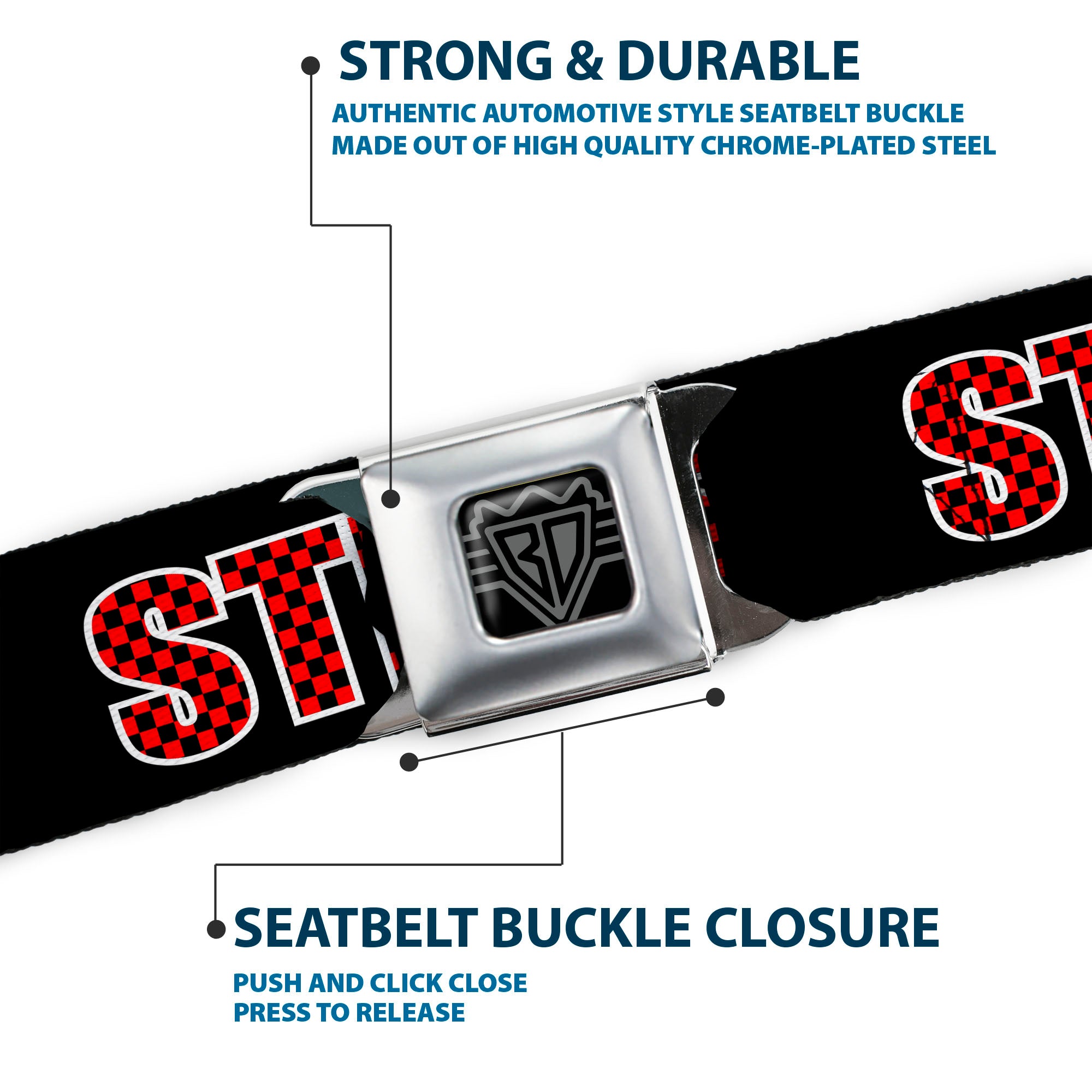 BD Wings Logo CLOSE-UP Full Color Black Silver Seatbelt Belt - STEEZ Black/Checker Black/Red Webbing Seatbelt Belts Buckle-Down