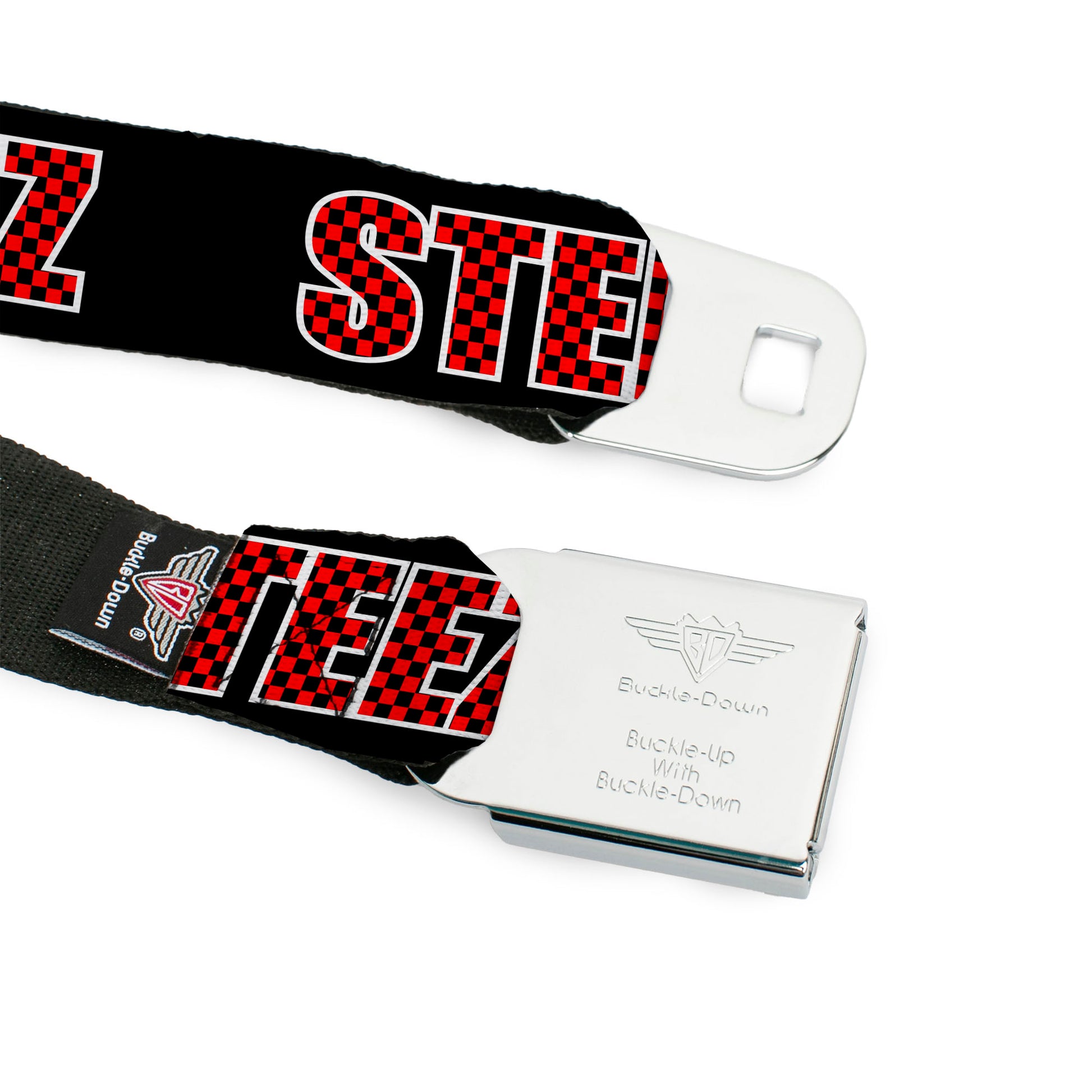 BD Wings Logo CLOSE-UP Full Color Black Silver Seatbelt Belt - STEEZ Black/Checker Black/Red Webbing Seatbelt Belts Buckle-Down
