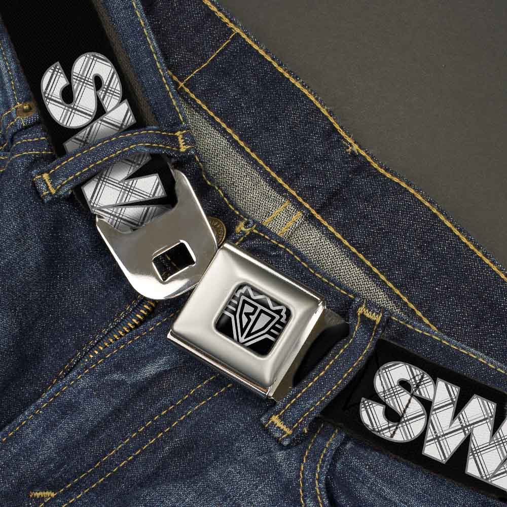 BD Wings Logo CLOSE-UP Full Color Black Silver Seatbelt Belt - SWAG Black/Plaid X White/Gray Webbing Seatbelt Belts Buckle-Down