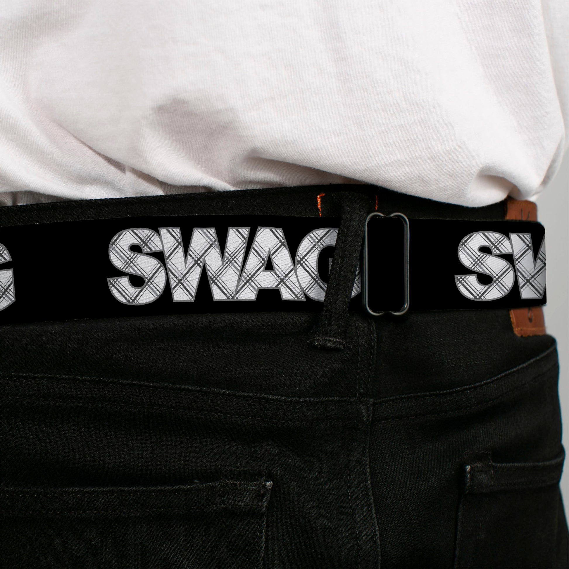 BD Wings Logo CLOSE-UP Full Color Black Silver Seatbelt Belt - SWAG Black/Plaid X White/Gray Webbing Seatbelt Belts Buckle-Down