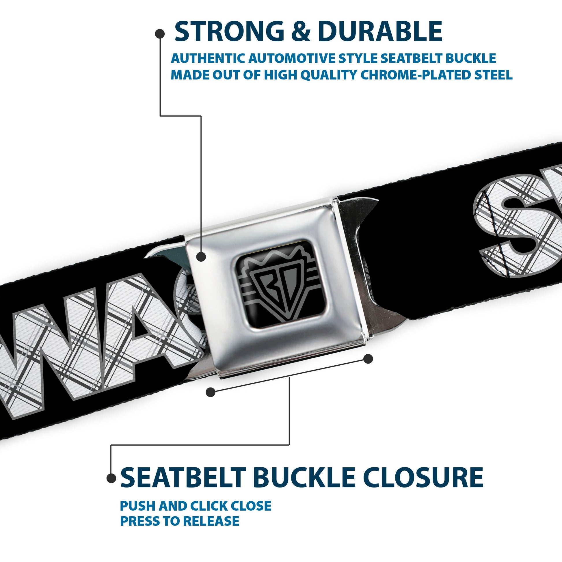 BD Wings Logo CLOSE-UP Full Color Black Silver Seatbelt Belt - SWAG Black/Plaid X White/Gray Webbing Seatbelt Belts Buckle-Down
