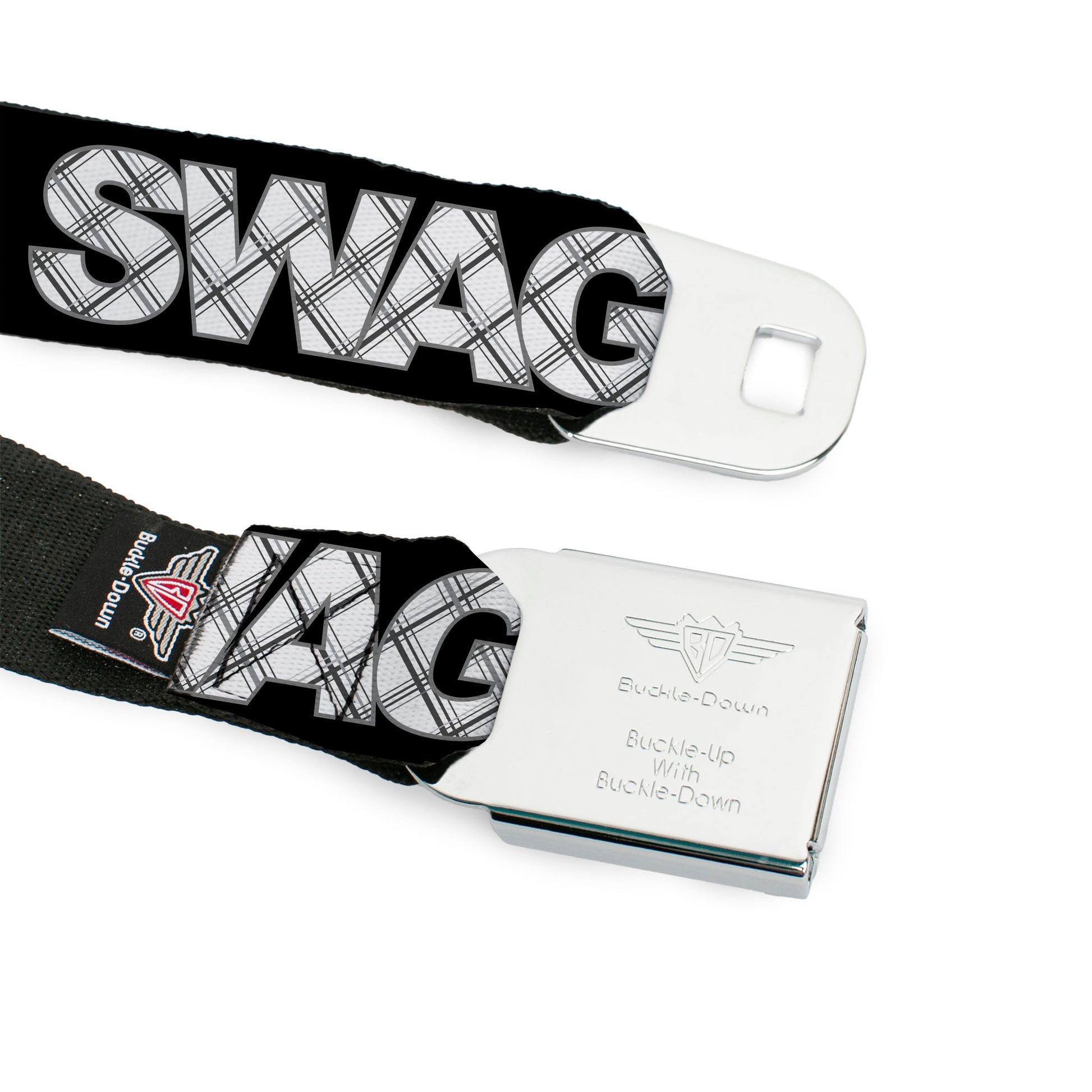 BD Wings Logo CLOSE-UP Full Color Black Silver Seatbelt Belt - SWAG Black/Plaid X White/Gray Webbing Seatbelt Belts Buckle-Down