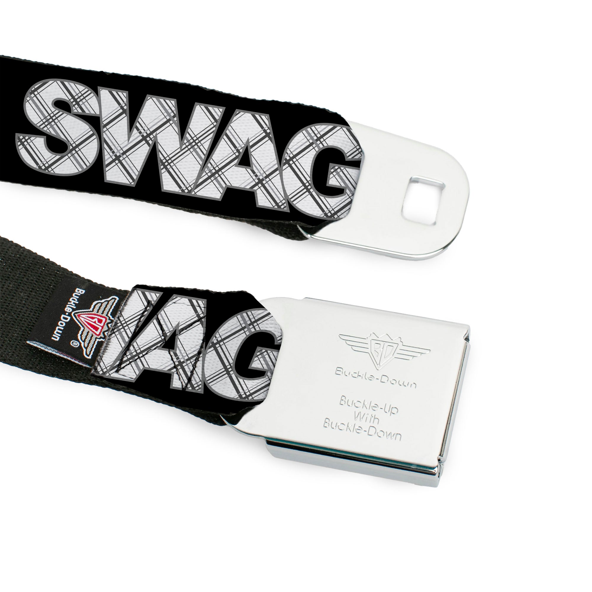BD Wings Logo CLOSE-UP Full Color Black Silver Seatbelt Belt - SWAG Black/Plaid X White/Gray Webbing Seatbelt Belts Buckle-Down