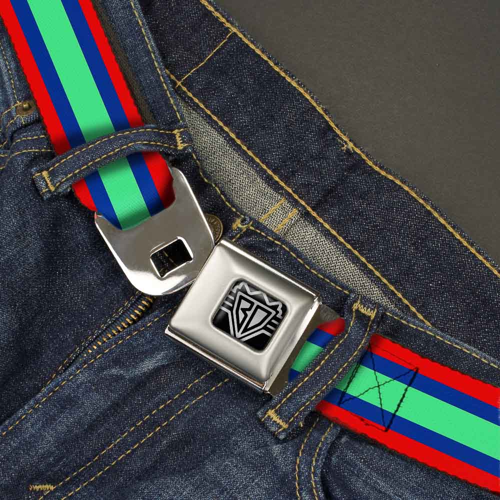 BD Wings Logo CLOSE-UP Full Color Black Silver Seatbelt Belt - Stripes Red/Blue/Green Webbing Seatbelt Belts Buckle-Down