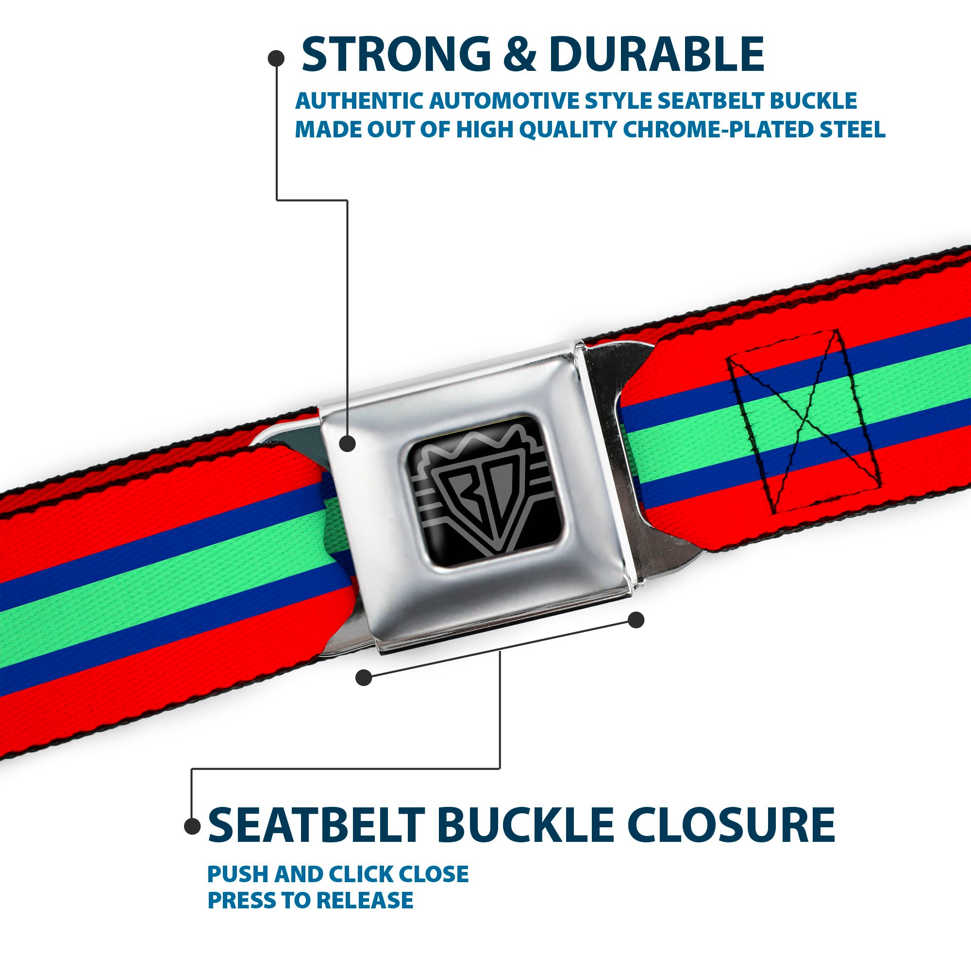 BD Wings Logo CLOSE-UP Full Color Black Silver Seatbelt Belt - Stripes Red/Blue/Green Webbing Seatbelt Belts Buckle-Down