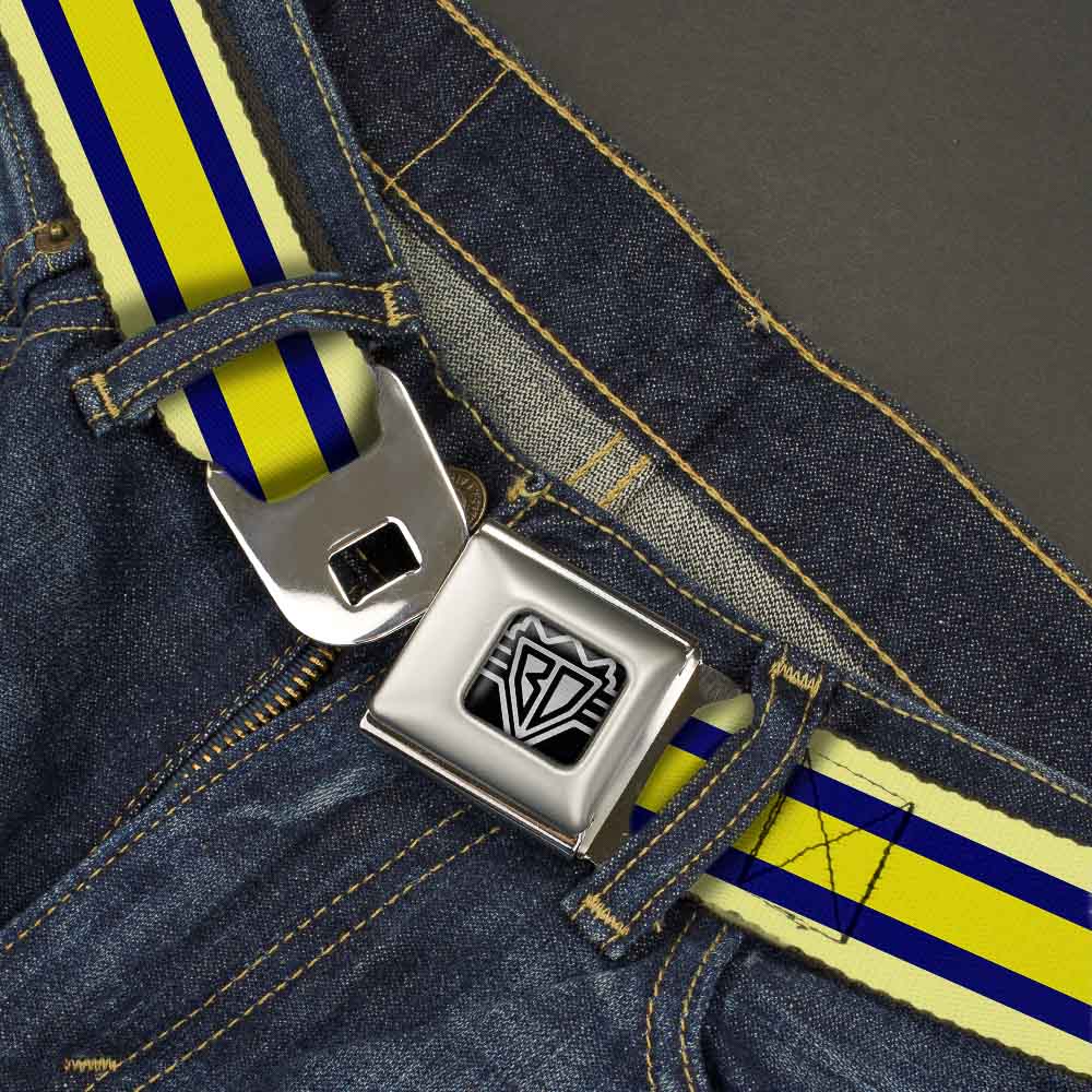BD Wings Logo CLOSE-UP Full Color Black Silver Seatbelt Belt - Stripes Light Yellow/Navy/Yellow Webbing Seatbelt Belts Buckle-Down