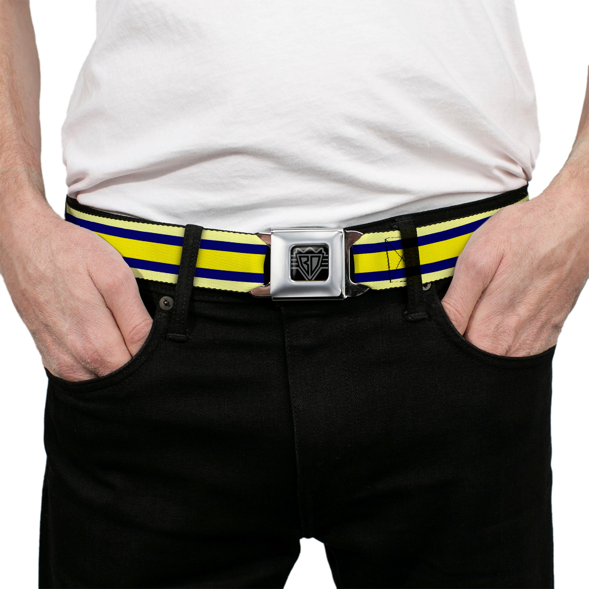 BD Wings Logo CLOSE-UP Full Color Black Silver Seatbelt Belt - Stripes Light Yellow/Navy/Yellow Webbing Seatbelt Belts Buckle-Down