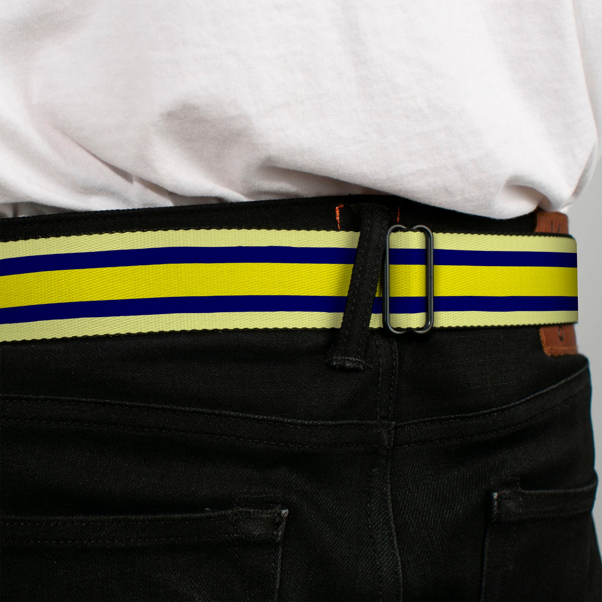 BD Wings Logo CLOSE-UP Full Color Black Silver Seatbelt Belt - Stripes Light Yellow/Navy/Yellow Webbing Seatbelt Belts Buckle-Down